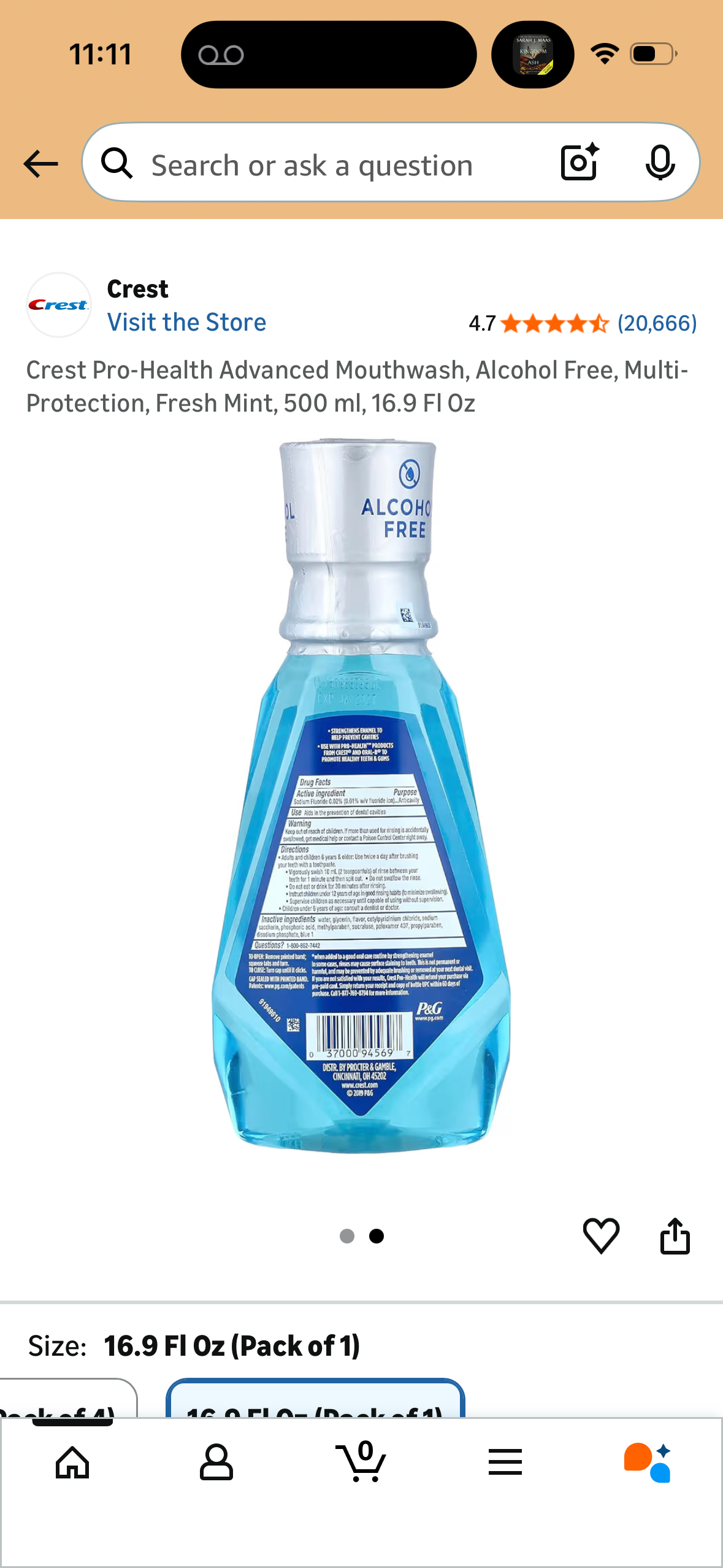 Crest Pro-Health Advanced Mouthwash, Alcohol Free, Multi-Protection, Fresh Mint, 500 ml, 16.9 Fl Oz