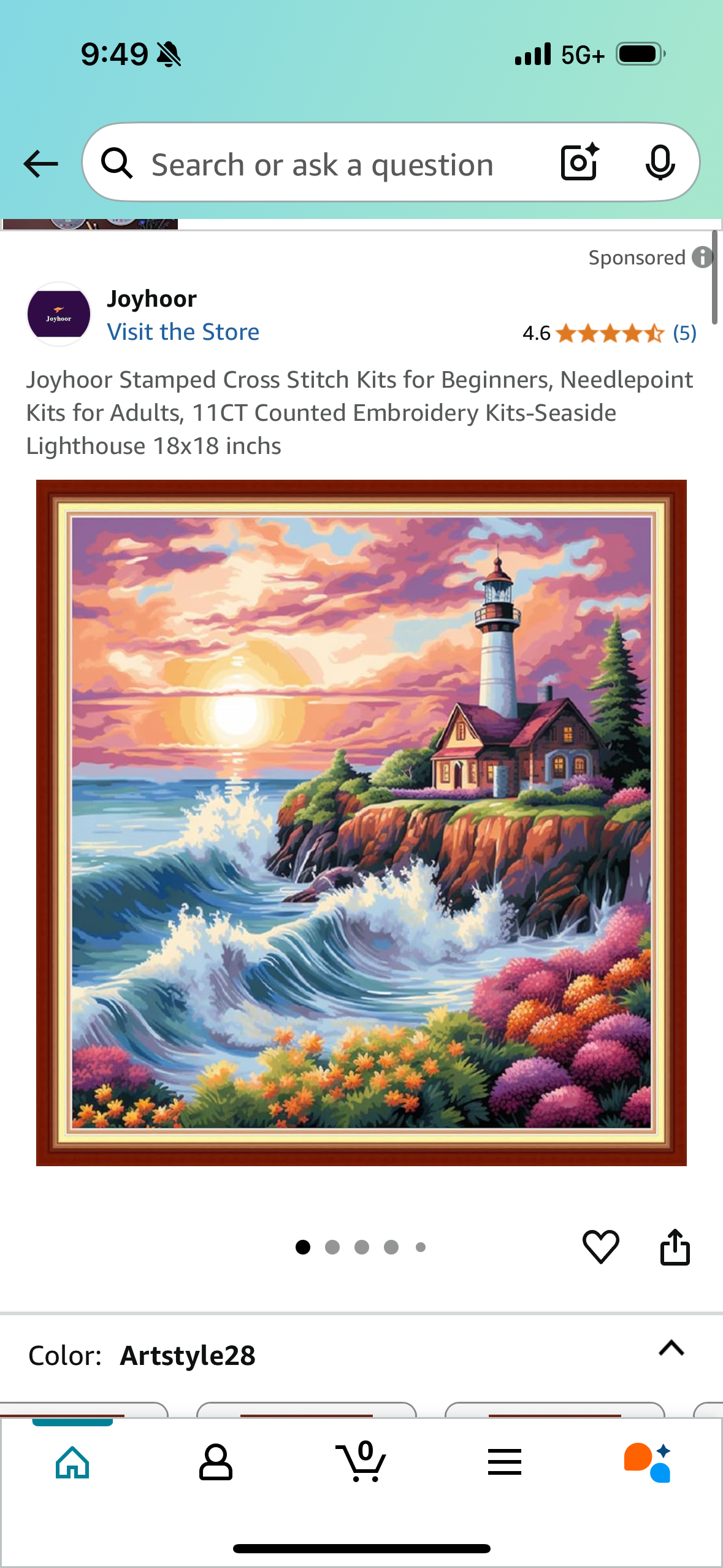 Joyhoor Stamped Cross Stitch Kits for Beginners, Needlepoint Kits for Adults, 11CT Counted Embroidery Kits-Seaside Lighthouse 18x18 inchs