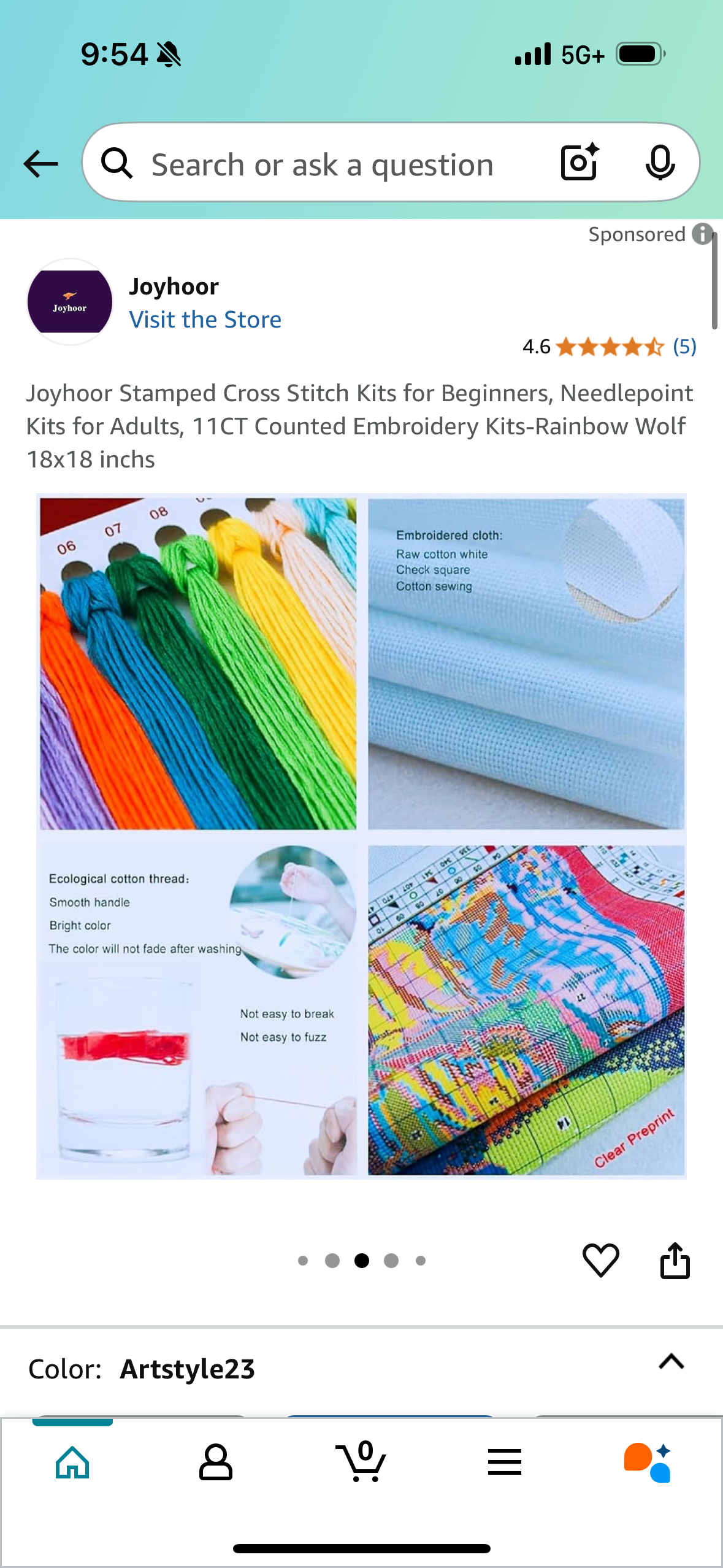 Joyhoor Stamped Cross Stitch Kits for Beginners, Needlepoint Kits for Adults, 11CT Counted Embroidery Kits-Rainbow Wolf 18x18 inchs