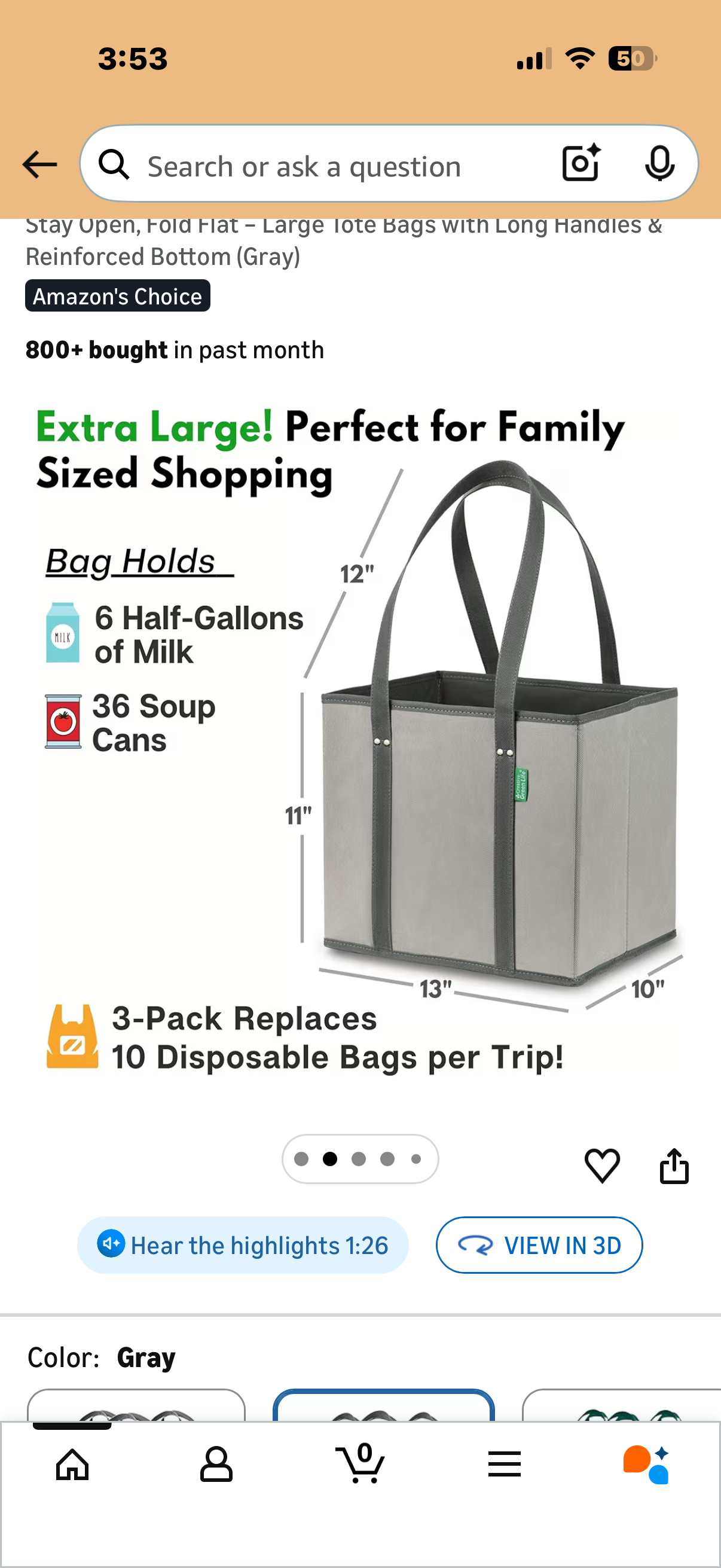 Creative Green Life Reusable Grocery Bags (3 Pack) – Heavy Duty Reusable Shopping Bags with Box Shape to Stand Up, Stay Open, Fold Flat – Large Tote Bags with Long Handles & Reinforced Bottom (Gray)