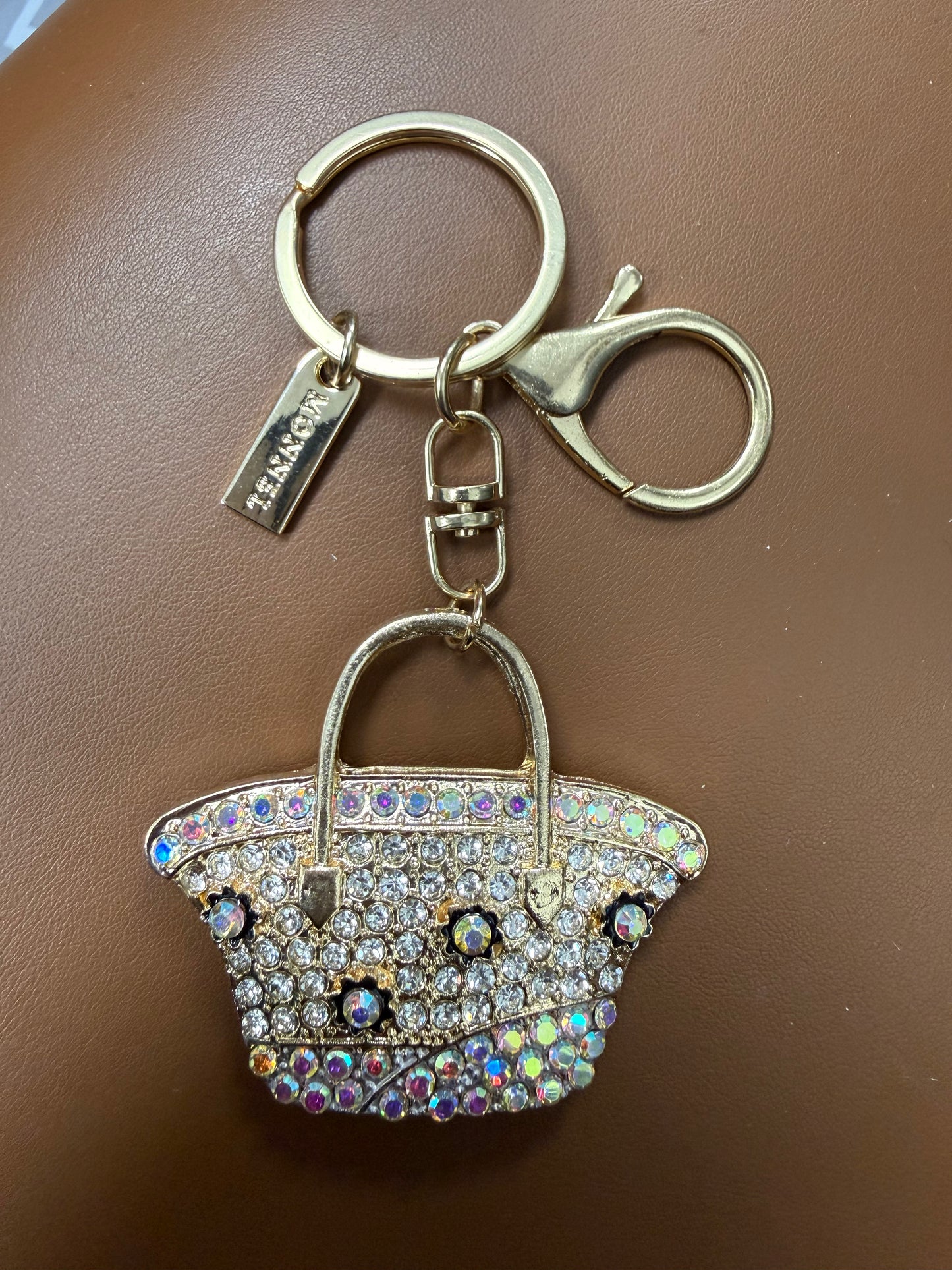 MONNEL Women's Zinc Alloy Metal Crystal Lady Handbag Flowers Charm Pendant Lobster Clasp Key Ring Keychain ZM103 (Gold)