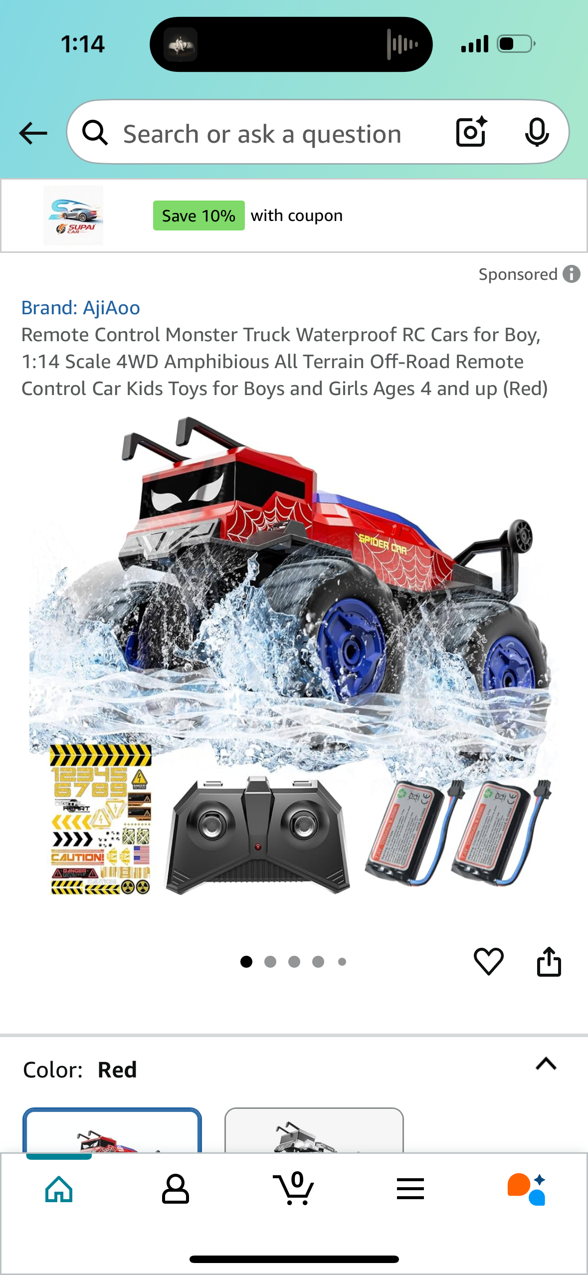Remote Control Monster Truck Waterproof RC Cars for Boy, 1:14 Scale 4WD Amphibious All Terrain Off-Road Remote Control Car Kids Toys for Boys and Girls Ages 4 and up (Red)
