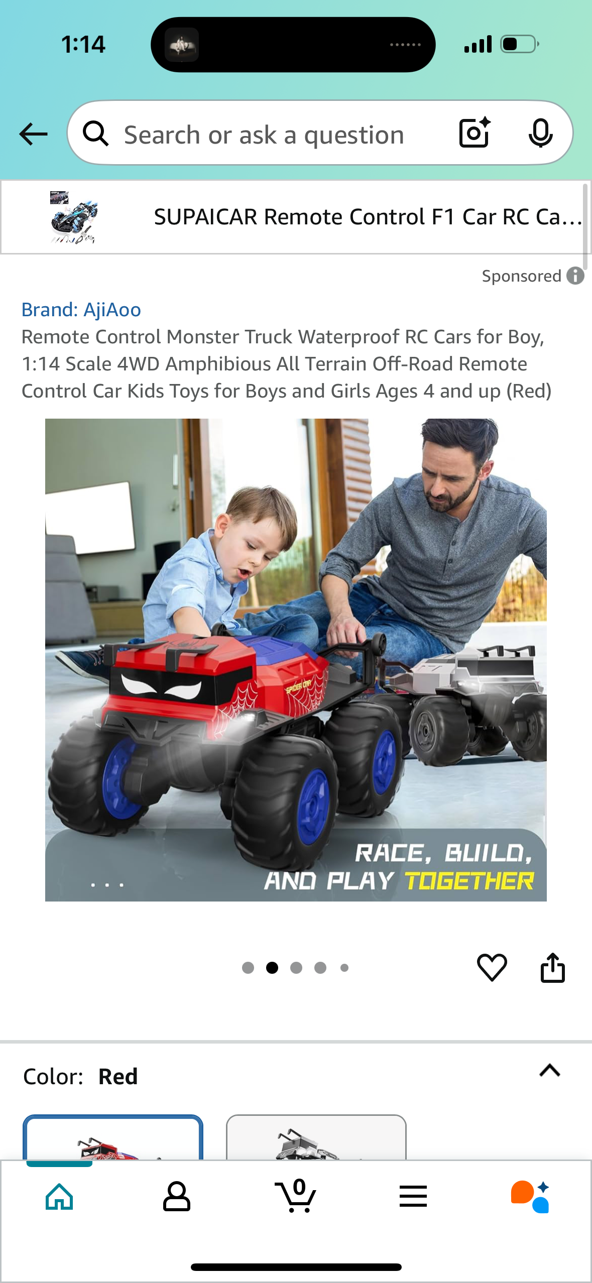 Remote Control Monster Truck Waterproof RC Cars for Boy, 1:14 Scale 4WD Amphibious All Terrain Off-Road Remote Control Car Kids Toys for Boys and Girls Ages 4 and up (Red)