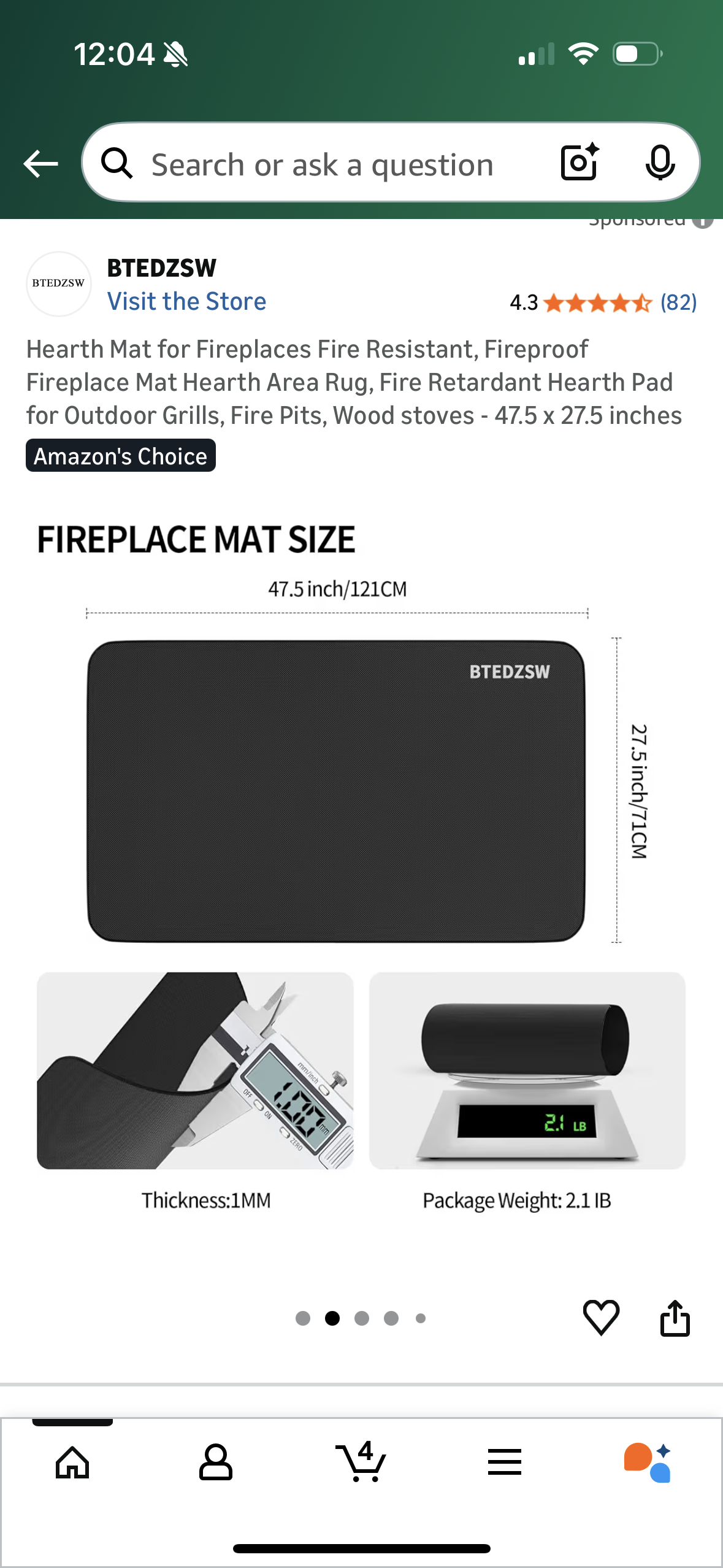 Hearth Mat for Fireplaces Fire Resistant, Fireproof Fireplace Mat Hearth Area Rug, Fire Retardant Hearth Pad for Outdoor Grills, Fire Pits, Wood stoves - 47.5 x 27.5 inches