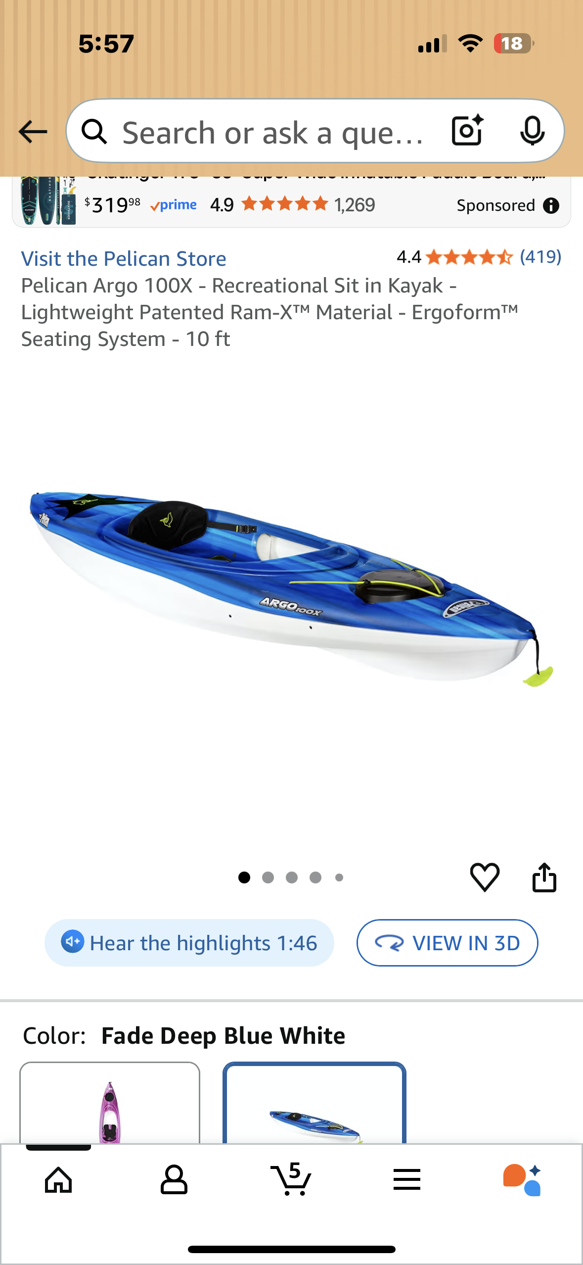 Pelican Argo 100X - Recreational Sit in Kayak - Lightweight Patented Ram-X™ Material - Ergoform™ Seating System - 10 ft (W523)