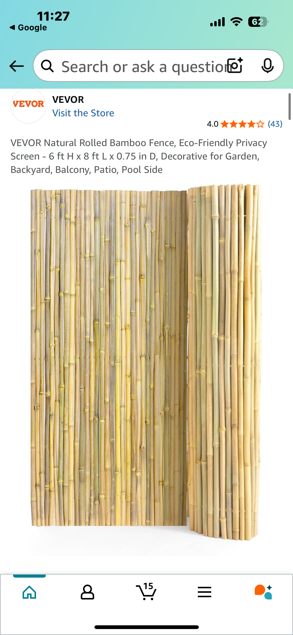 VEVOR Natural Rolled Bamboo Fence, Eco-Friendly Privacy Screen - 6 ft H x 8 ft L x 0.75 in D, Decorative for Garden, Backyard, Balcony, Patio, Pool Side (G814)