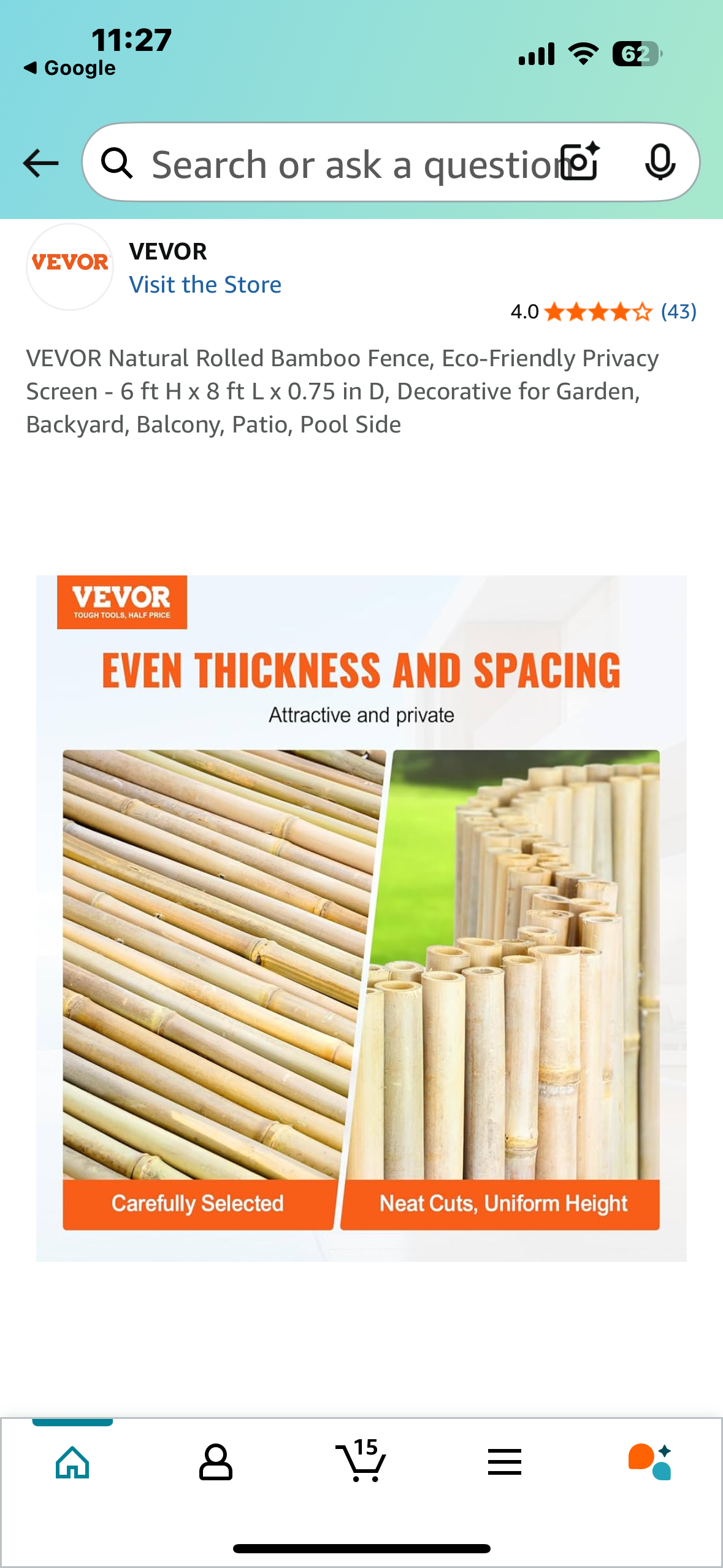 VEVOR Natural Rolled Bamboo Fence, Eco-Friendly Privacy Screen - 6 ft H x 8 ft L x 0.75 in D, Decorative for Garden, Backyard, Balcony, Patio, Pool Side (G814)