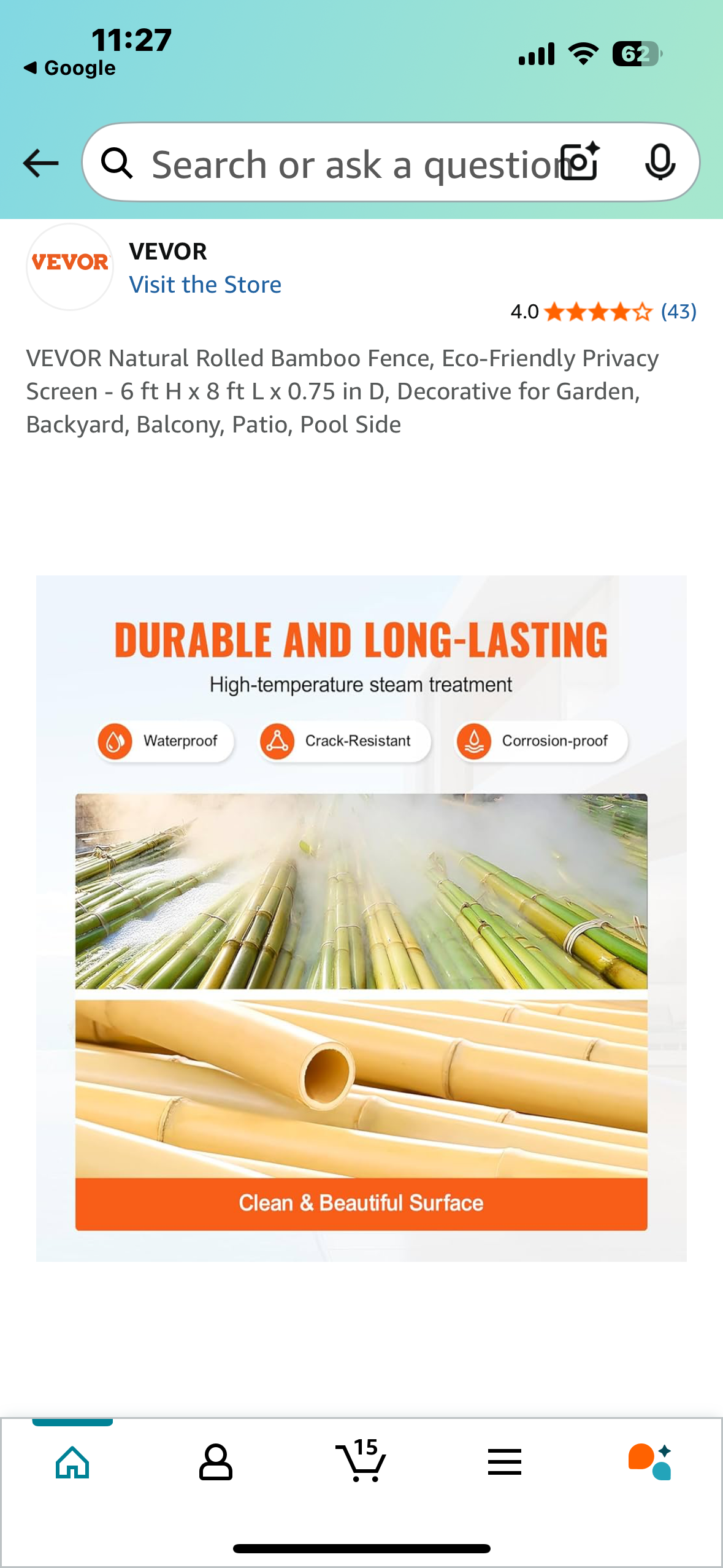 VEVOR Natural Rolled Bamboo Fence, Eco-Friendly Privacy Screen - 6 ft H x 8 ft L x 0.75 in D, Decorative for Garden, Backyard, Balcony, Patio, Pool Side (G814)