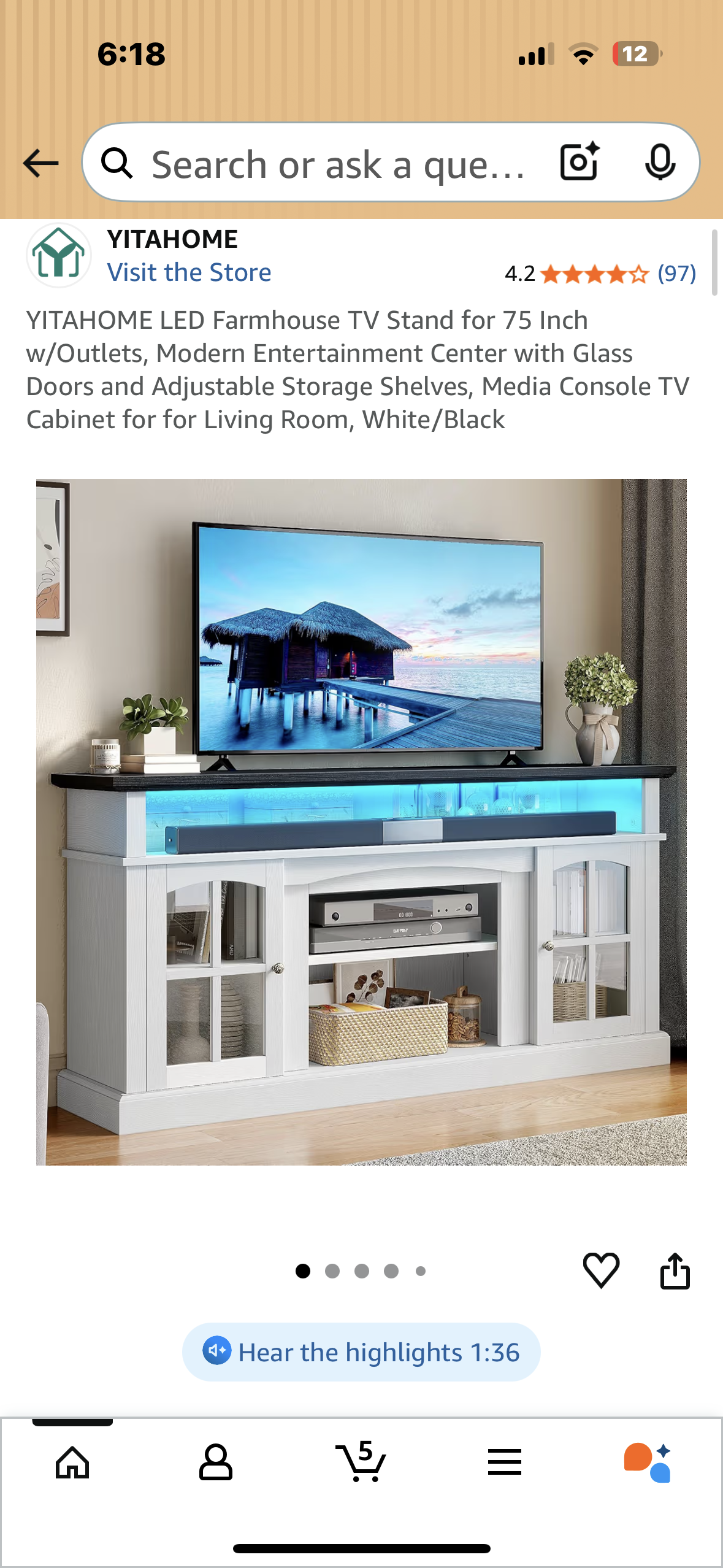 YITAHOME LED Farmhouse TV Stand for 75 Inch w/Outlets, Modern Entertainment Center with Glass Doors and Adjustable Storage Shelves, Media Console TV Cabinet for for Living Room, White/Black (L1064)