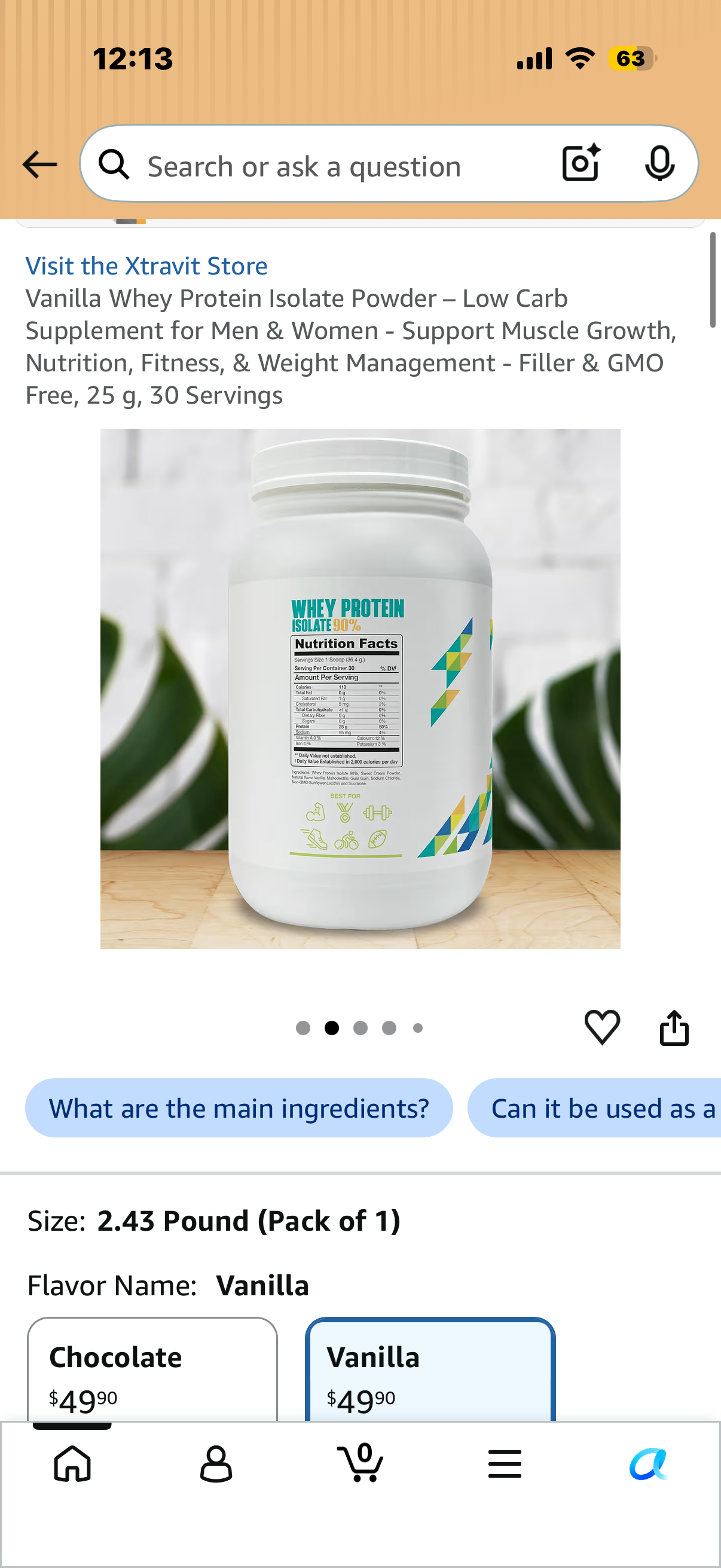 Vanilla Whey Protein Isolate Powder – Low Carb Supplement for Men & Women - Support Muscle Growth, Nutrition, Fitness, & Weight Management - Filler & GMO Free, 25 g, 30 Servings