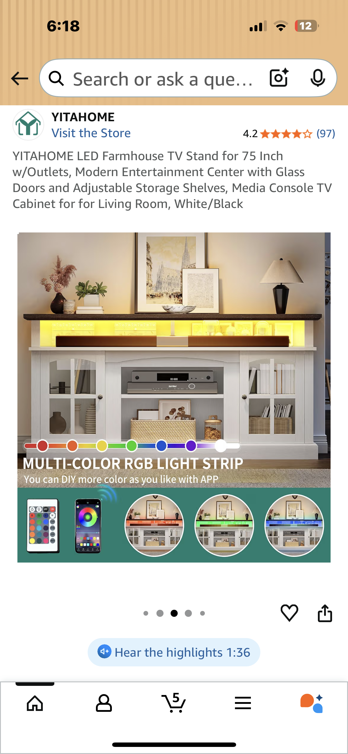 YITAHOME LED Farmhouse TV Stand for 75 Inch w/Outlets, Modern Entertainment Center with Glass Doors and Adjustable Storage Shelves, Media Console TV Cabinet for for Living Room, White/Black (L1064)