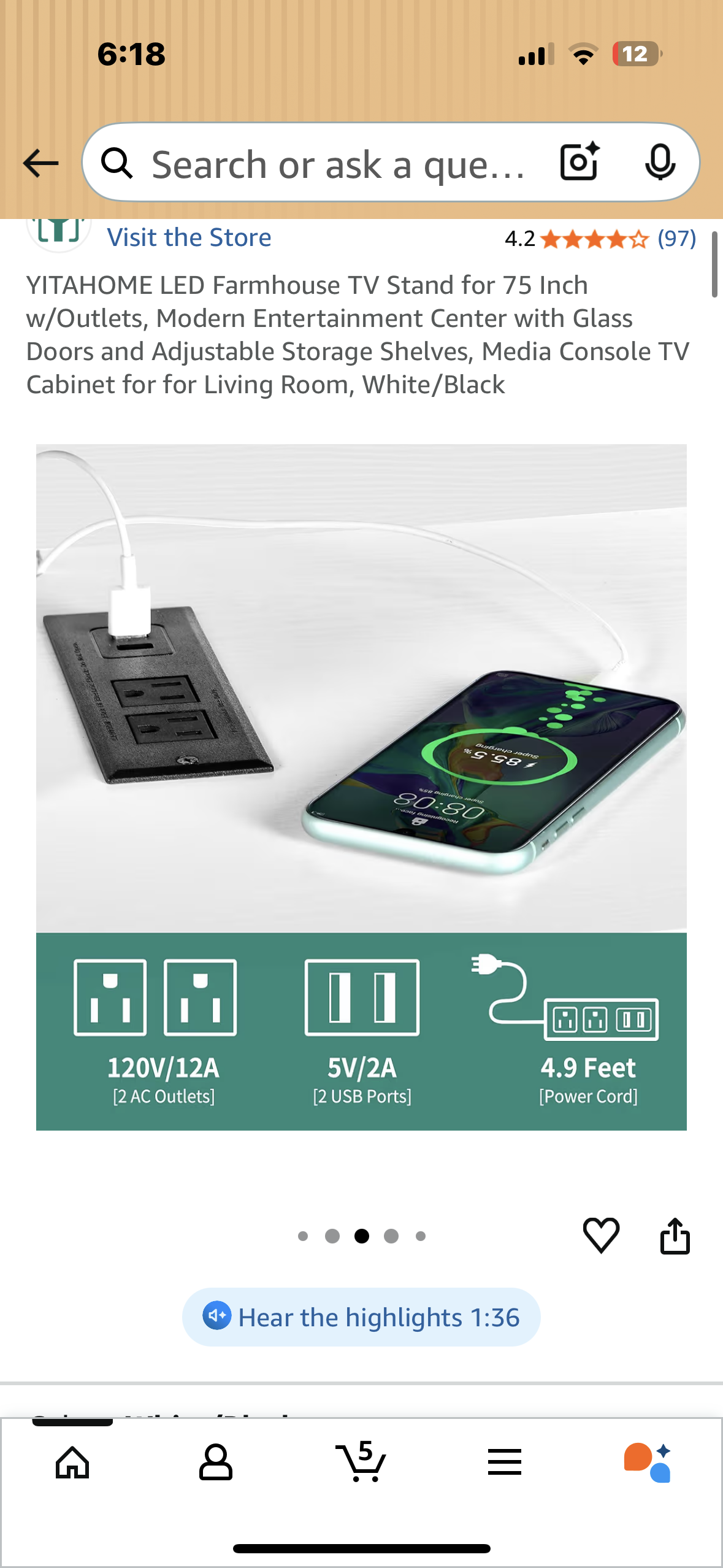 YITAHOME LED Farmhouse TV Stand for 75 Inch w/Outlets, Modern Entertainment Center with Glass Doors and Adjustable Storage Shelves, Media Console TV Cabinet for for Living Room, White/Black (L1064)