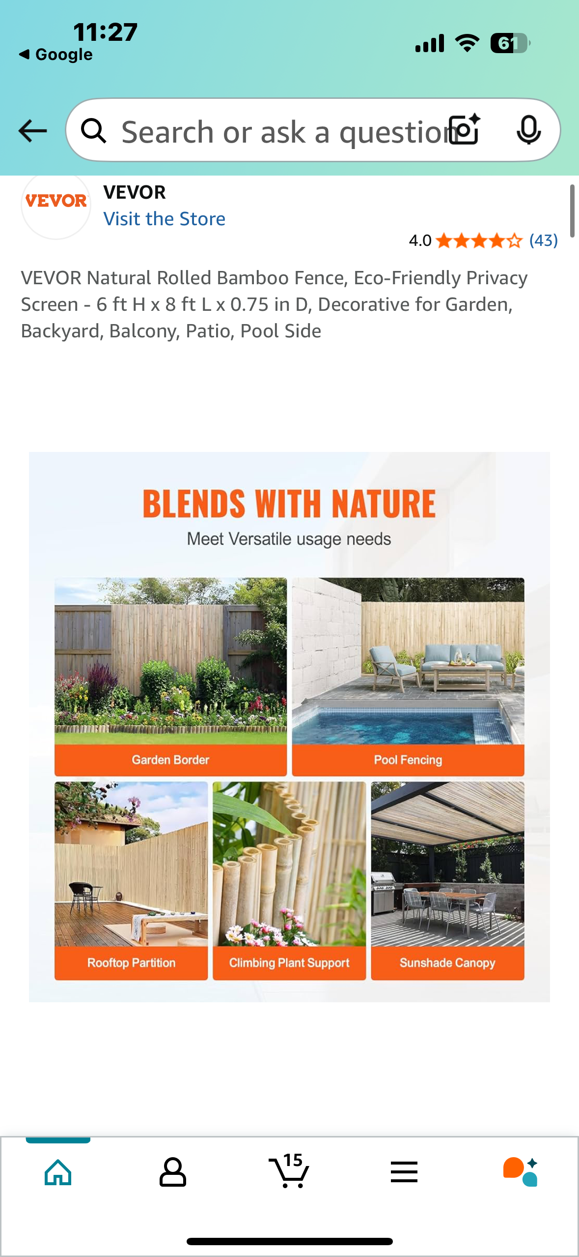 VEVOR Natural Rolled Bamboo Fence, Eco-Friendly Privacy Screen - 6 ft H x 8 ft L x 0.75 in D, Decorative for Garden, Backyard, Balcony, Patio, Pool Side (G814)