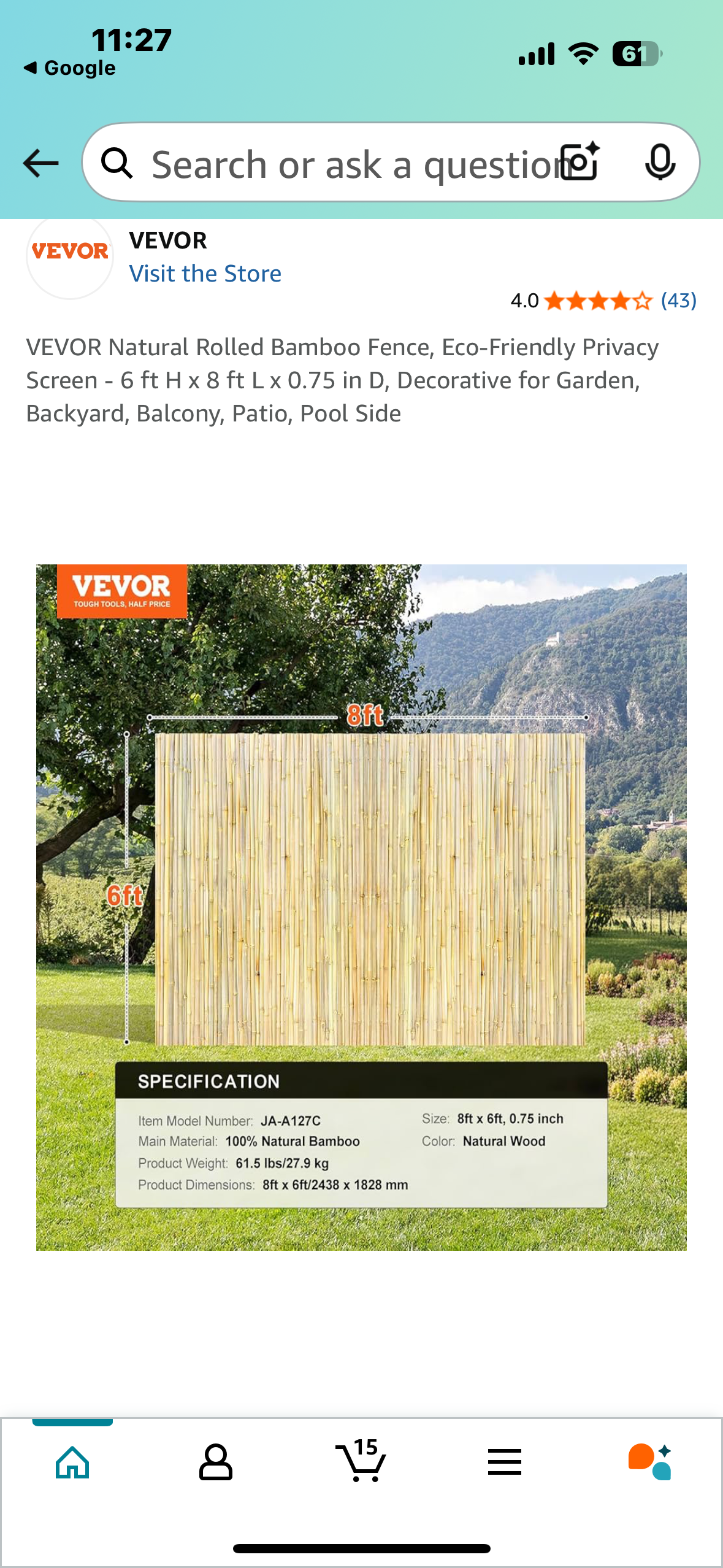 VEVOR Natural Rolled Bamboo Fence, Eco-Friendly Privacy Screen - 6 ft H x 8 ft L x 0.75 in D, Decorative for Garden, Backyard, Balcony, Patio, Pool Side (G814)