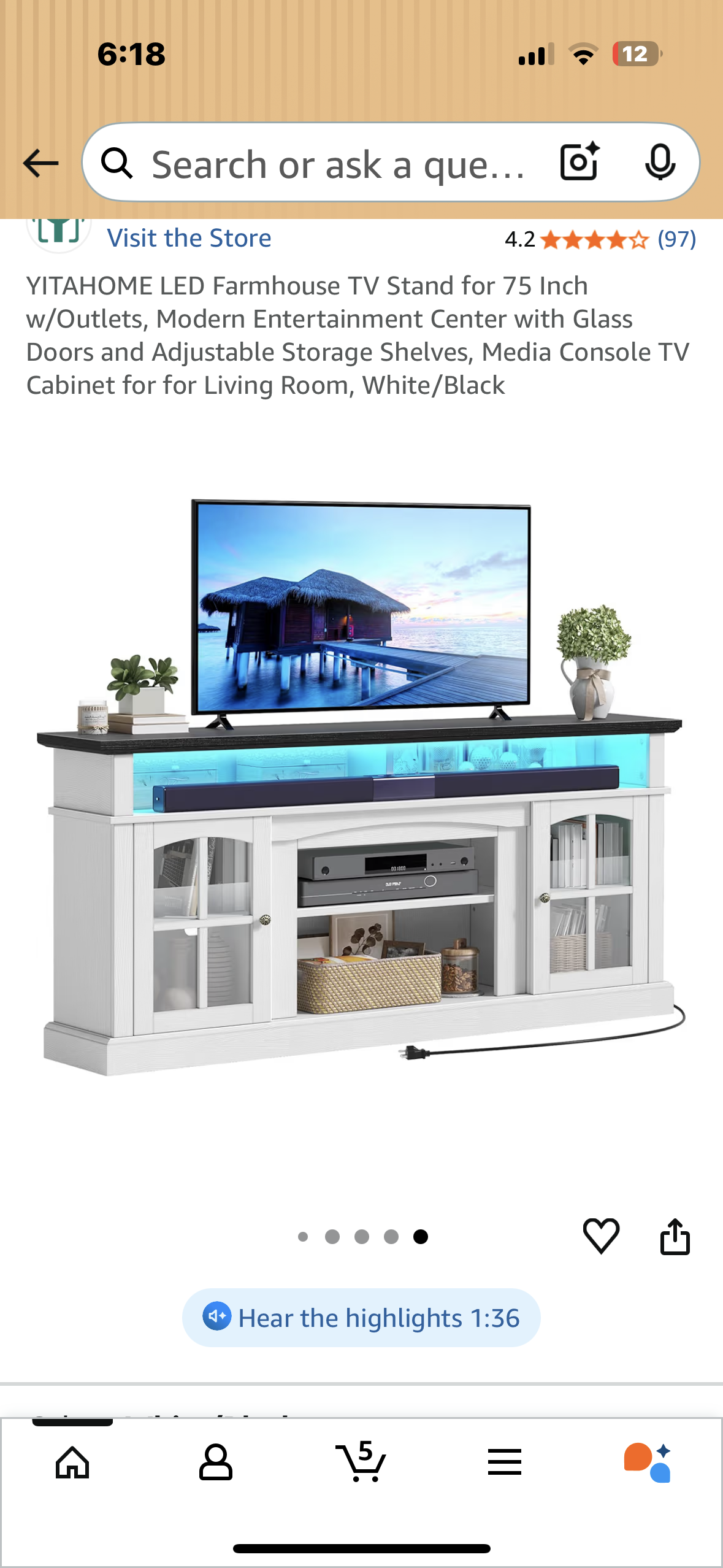YITAHOME LED Farmhouse TV Stand for 75 Inch w/Outlets, Modern Entertainment Center with Glass Doors and Adjustable Storage Shelves, Media Console TV Cabinet for for Living Room, White/Black (L1064)
