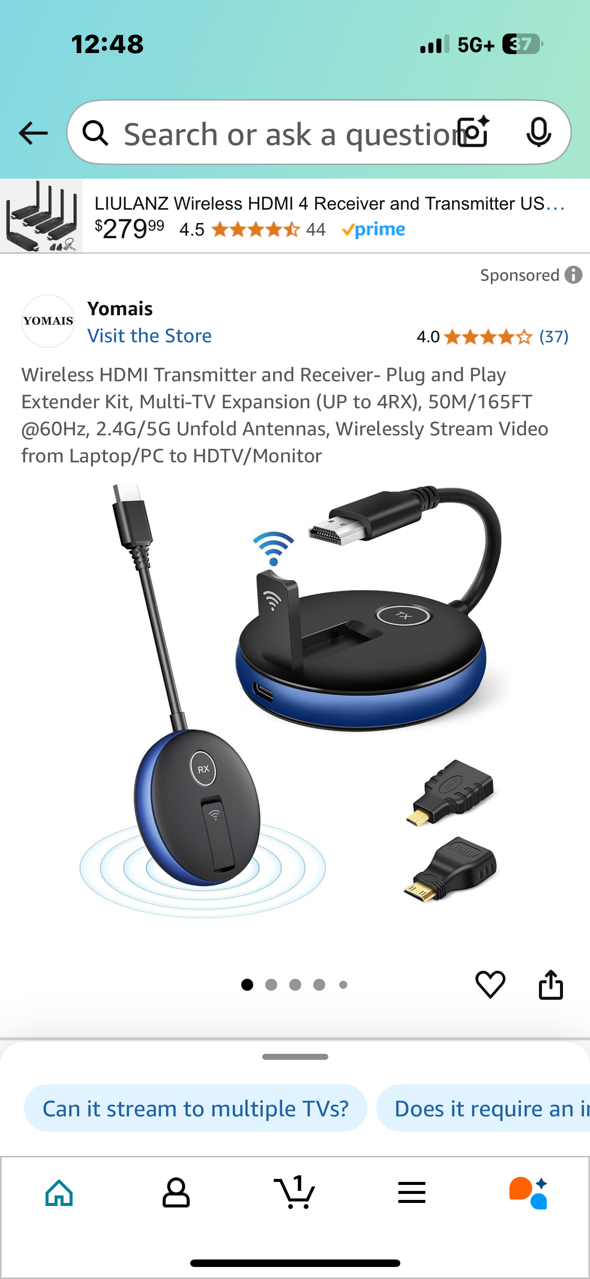 Wireless HDMI Transmitter and Receiver- Plug and Play Extender Kit, Multi-TV Expansion (UP to 4RX), 50M/165FT @60Hz, 2.4G/5G Unfold Antennas, Wirelessly Stream Video from Laptop/PC to HDTV/Monitor