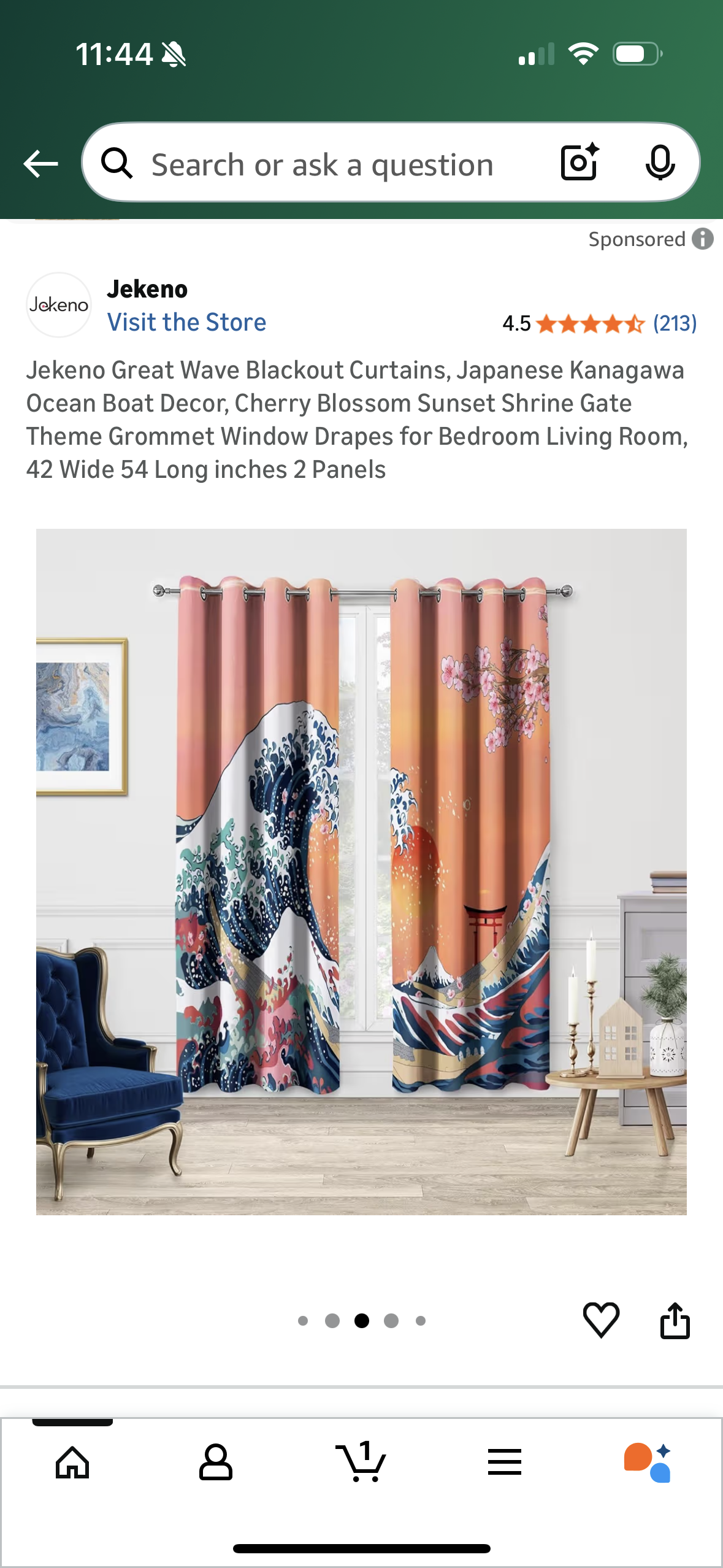 Jekeno Great Wave Blackout Curtains, Japanese Kanagawa Ocean Boat Decor, Cherry Blossom Sunset Shrine Gate Theme Grommet Window Drapes for Bedroom Living Room, 42 Wide 54 Long inches 2 Panels