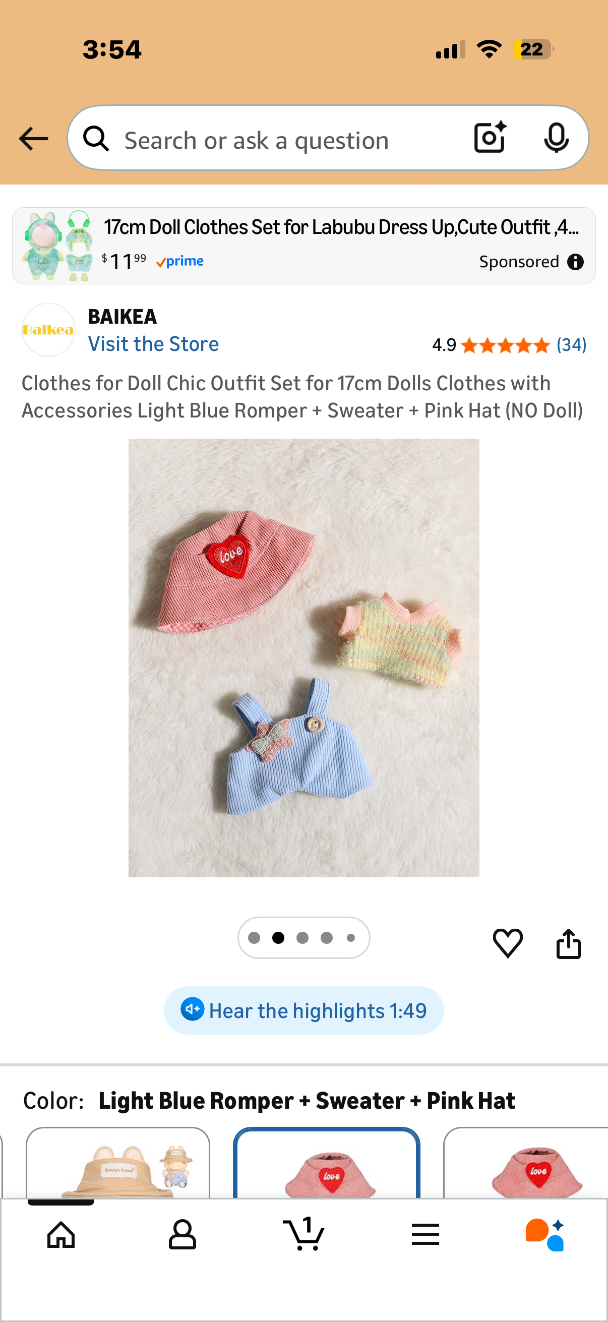 Clothes for Doll Chic Outfit Set for 17cm Dolls Clothes with Accessories Light Blue Romper + Sweater + Pink Hat (NO Doll