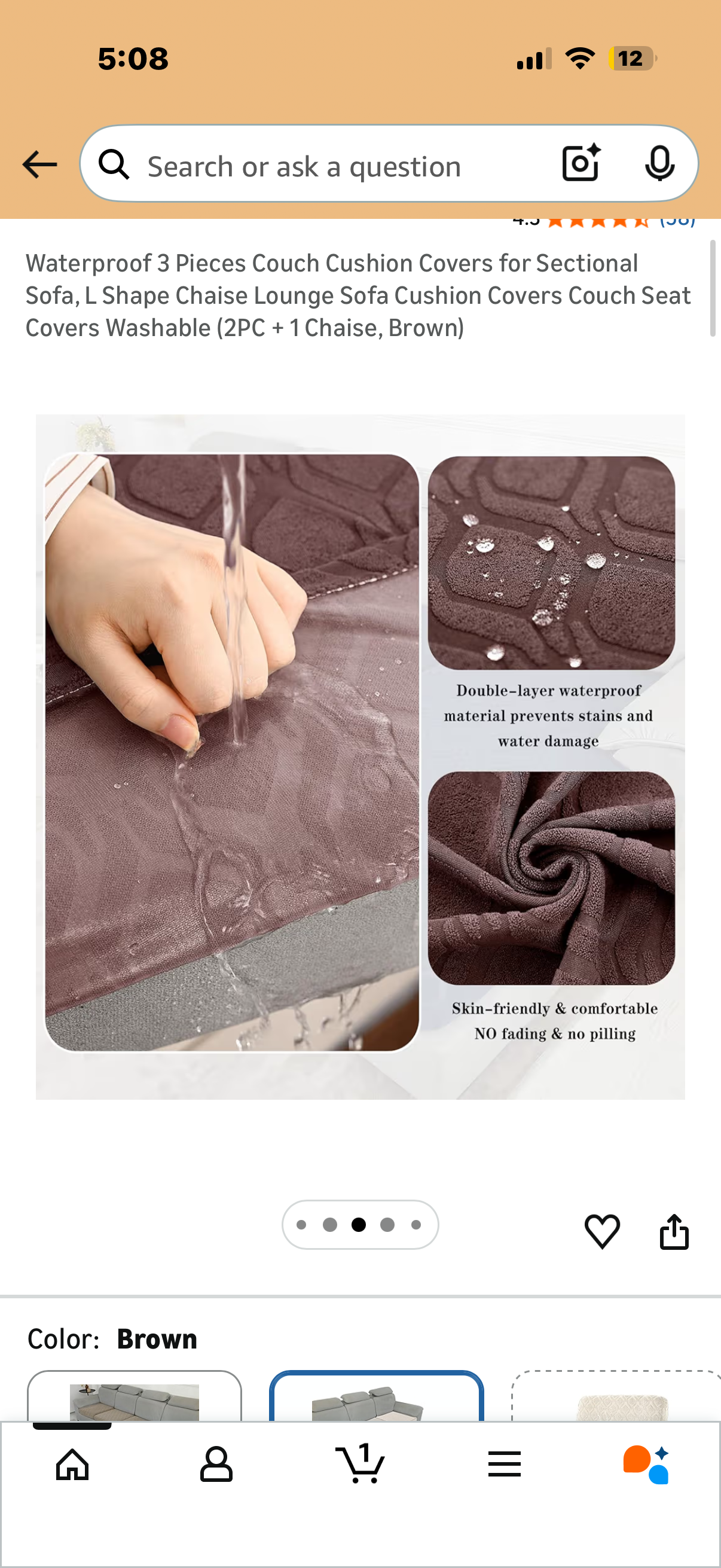 Waterproof 3 Pieces Couch Cushion Covers for Sectional Sofa, L Shape Chaise Lounge Sofa Cushion Covers Couch Seat Covers Washable (2PC + 1 Chaise, Brown