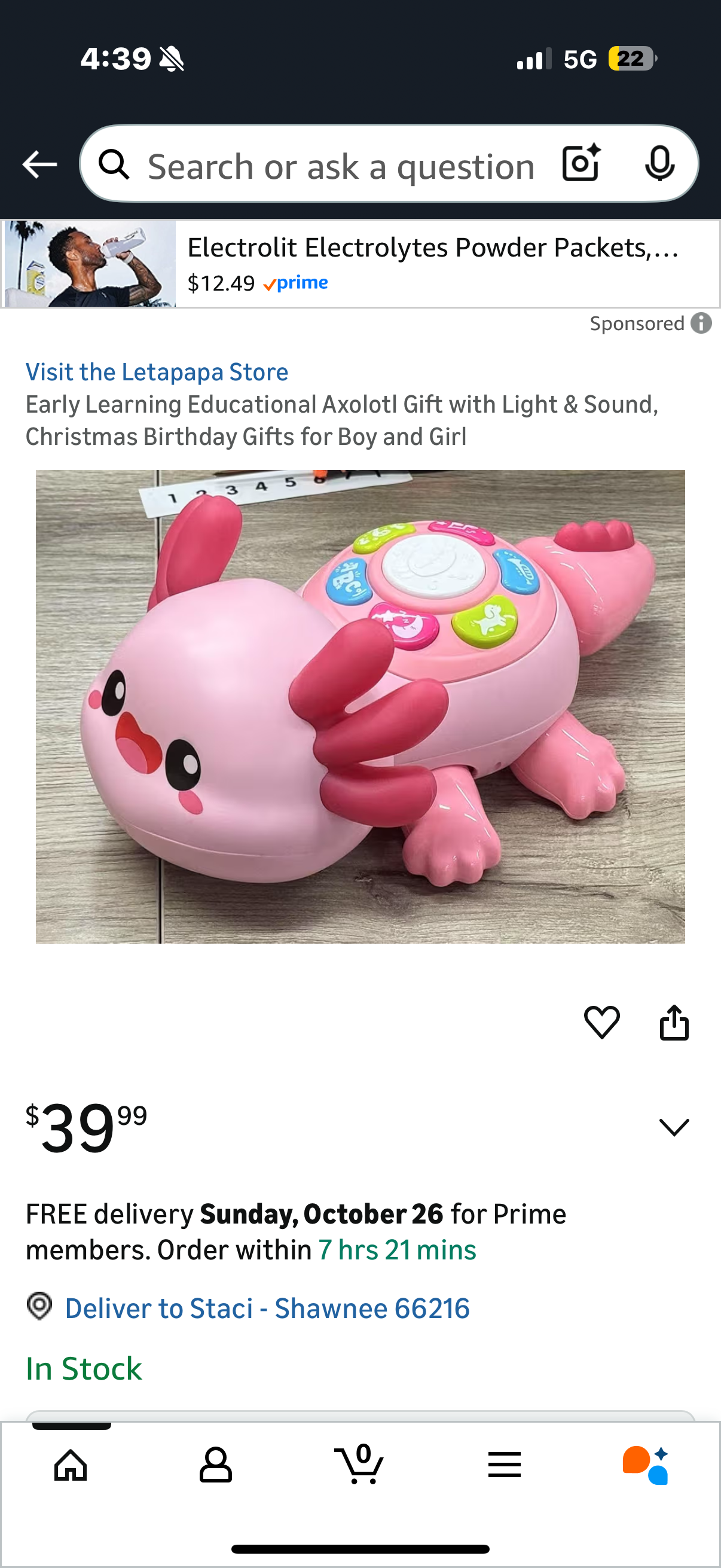 Early Learning Educational Axolotl Gift with Light & Sound, Christmas Birthday Gifts for Boy and Girl