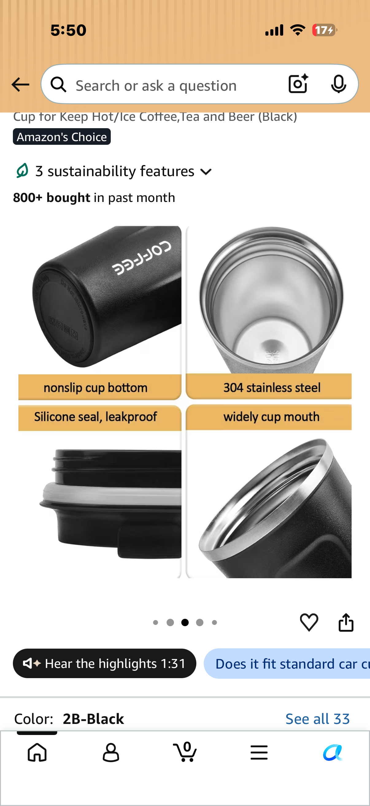 Coffee Insulated Tumbler Cups, 12 oz, Black