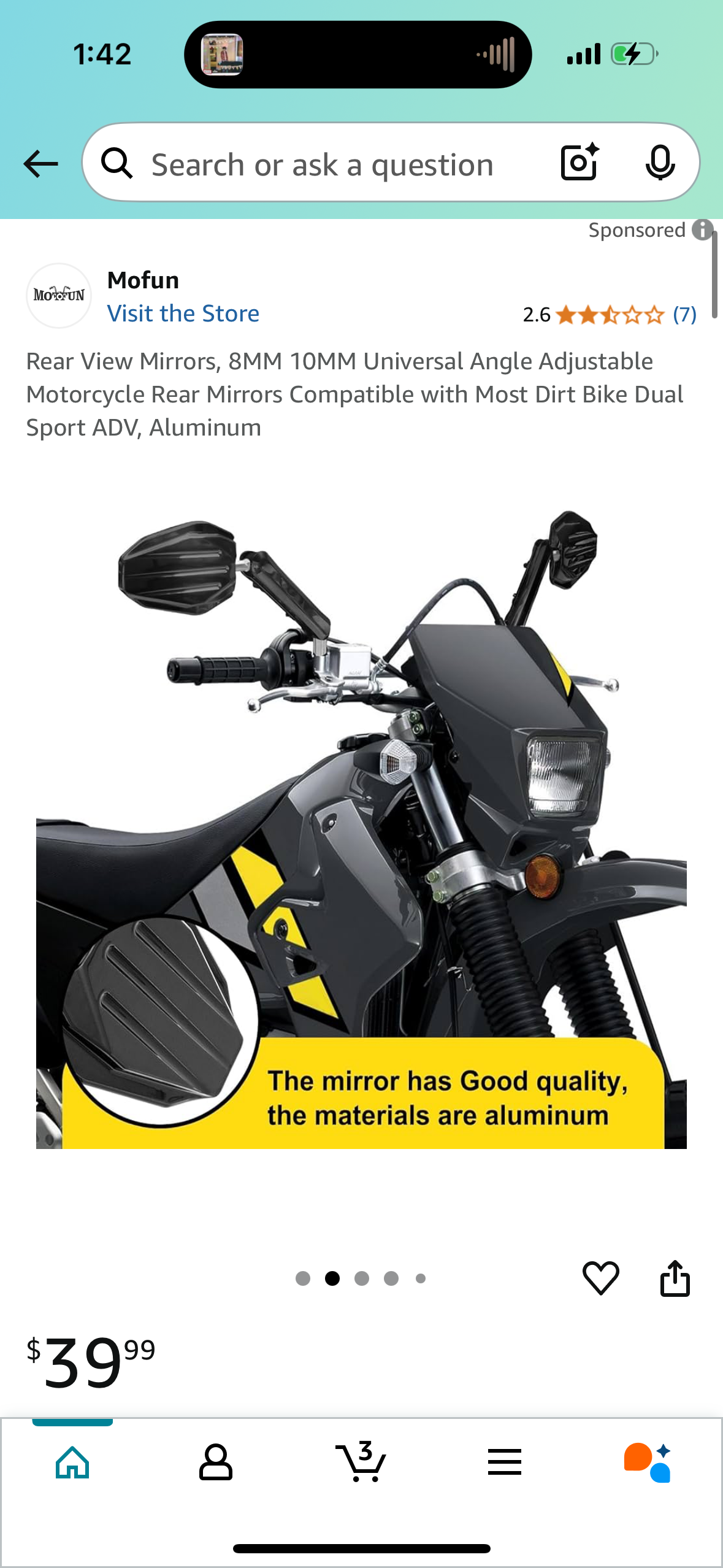 Rear View Mirrors, 8MM 10MM Universal Angle Adjustable Motorcycle Rear Mirrors Compatible with Most Dirt Bike Dual Sport ADV, Aluminum