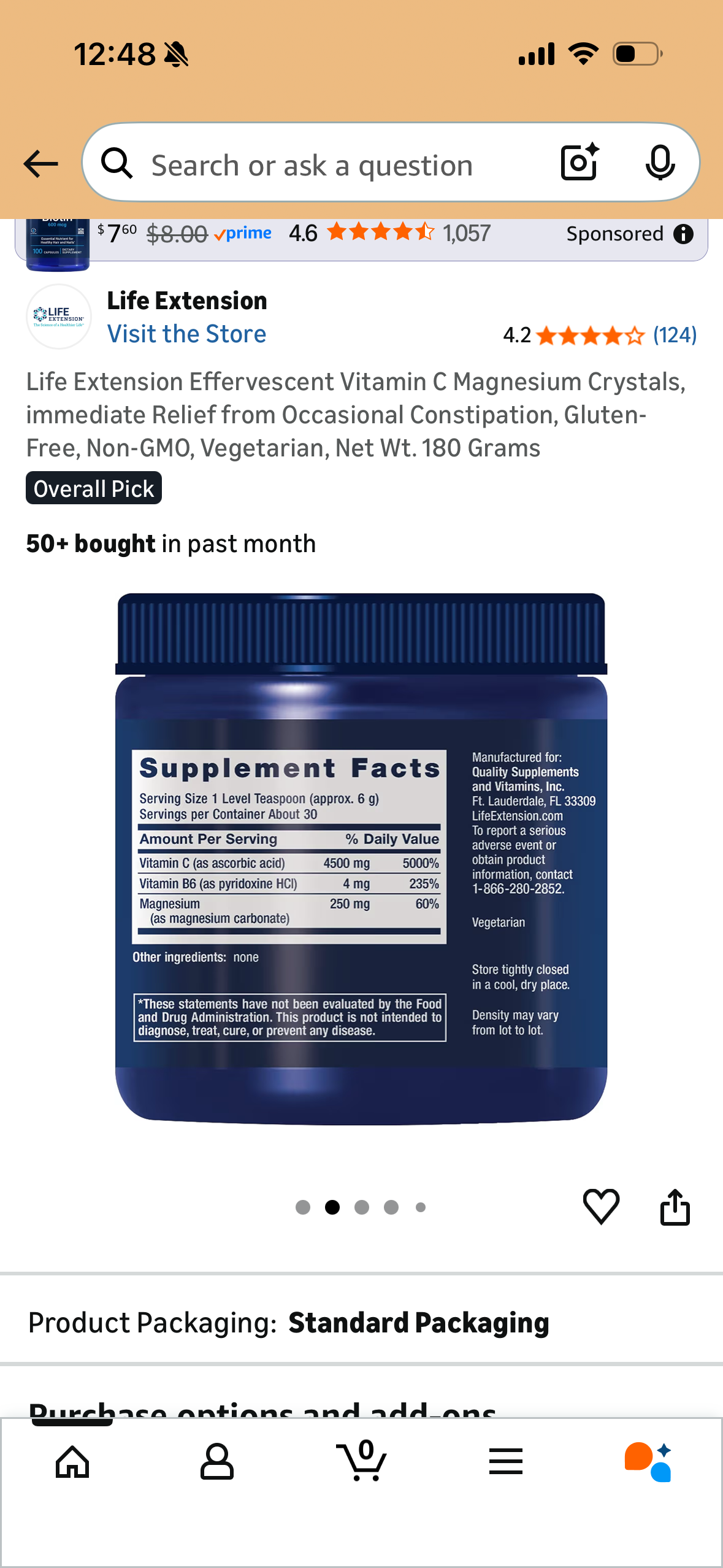 Life Extension Effervescent Vitamin C Magnesium Crystals, immediate Relief from Occasional Constipation, Gluten-Free, Non-GMO, Vegetarian, Net Wt. 180 Grams