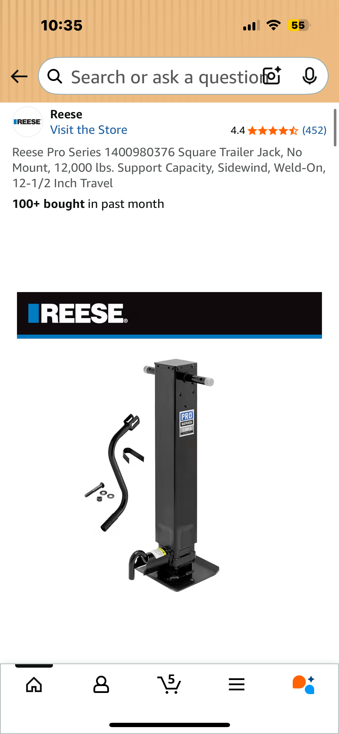 Reese Pro Series 1400980376 Square Trailer Jack, No Mount, 12,000 lbs. Support Capacity, Sidewind, Weld-On, 12-1/2 Inch Travel (G878)