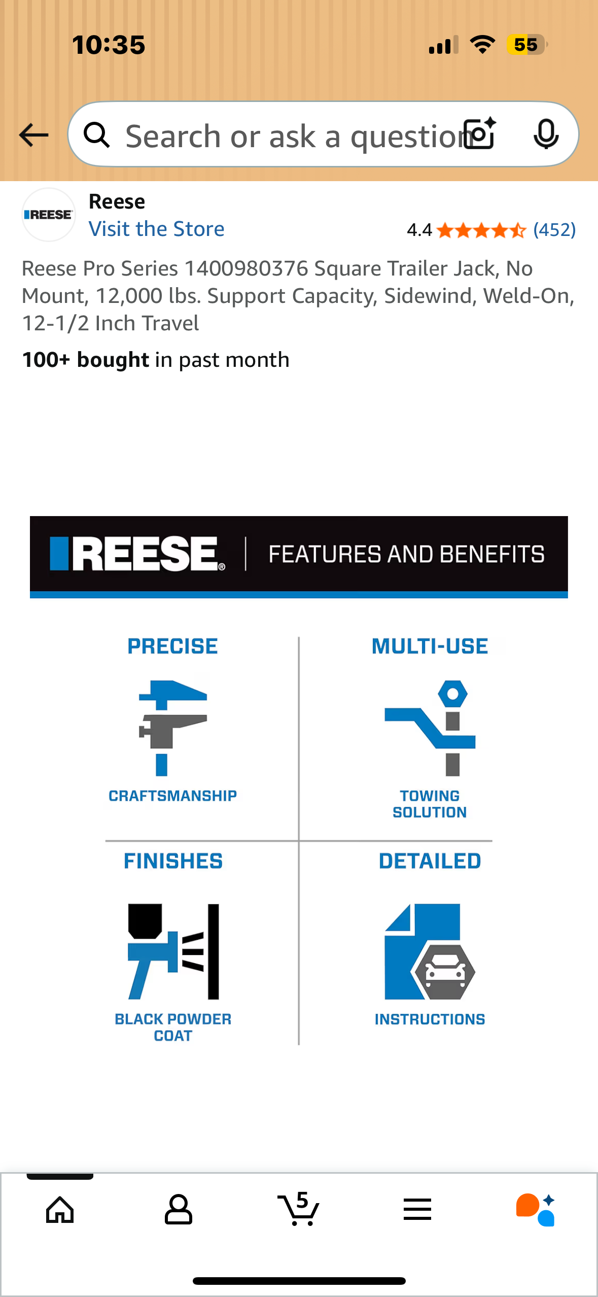 Reese Pro Series 1400980376 Square Trailer Jack, No Mount, 12,000 lbs. Support Capacity, Sidewind, Weld-On, 12-1/2 Inch Travel (G878)