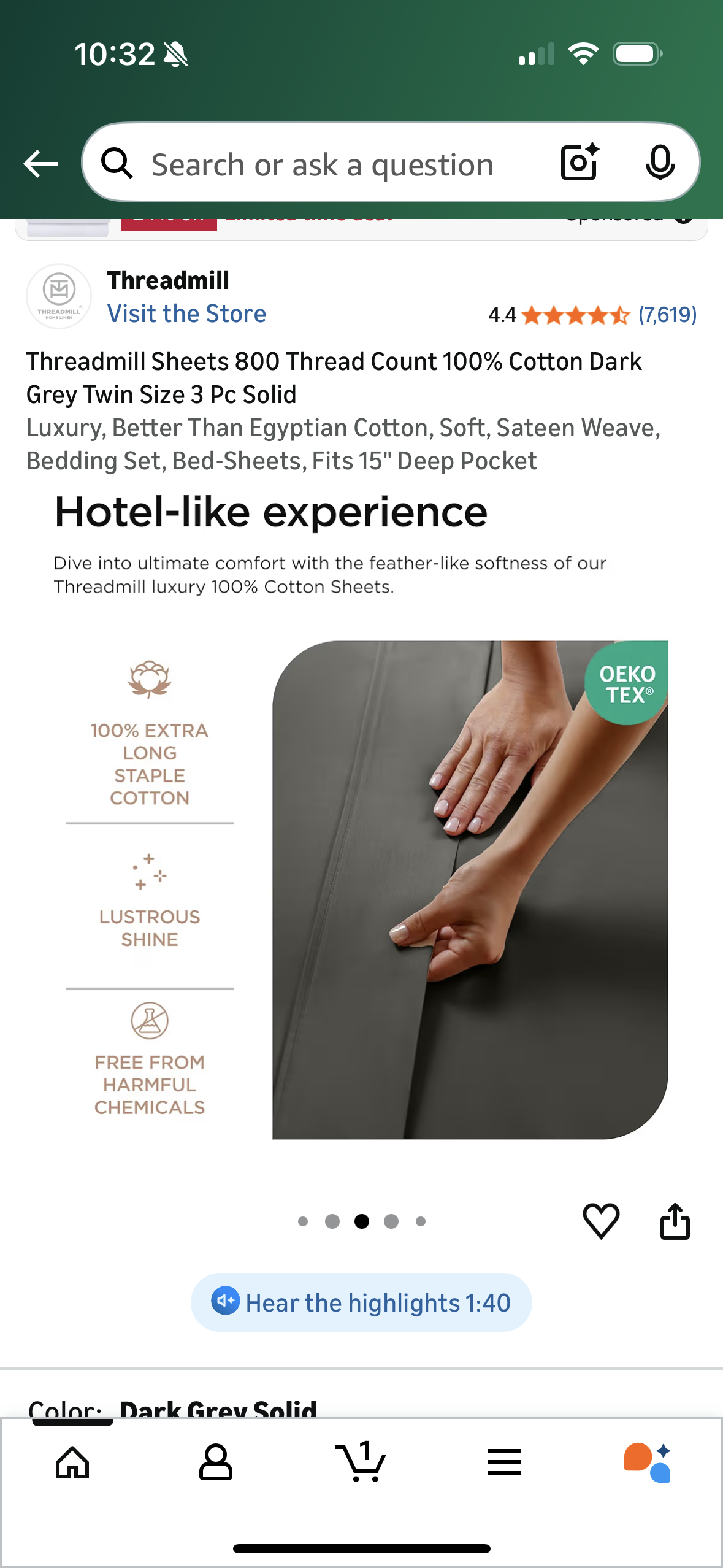 Threadmill Sheets 800 Thread Count 100% Cotton Dark Grey Twin Size 3 Pc Solid Luxury, Better Than Egyptian Cotton, Soft, Sateen Weave, Bedding Set, Bed-Sheets, Fits 15" Deep Pocket (Twin Bed)