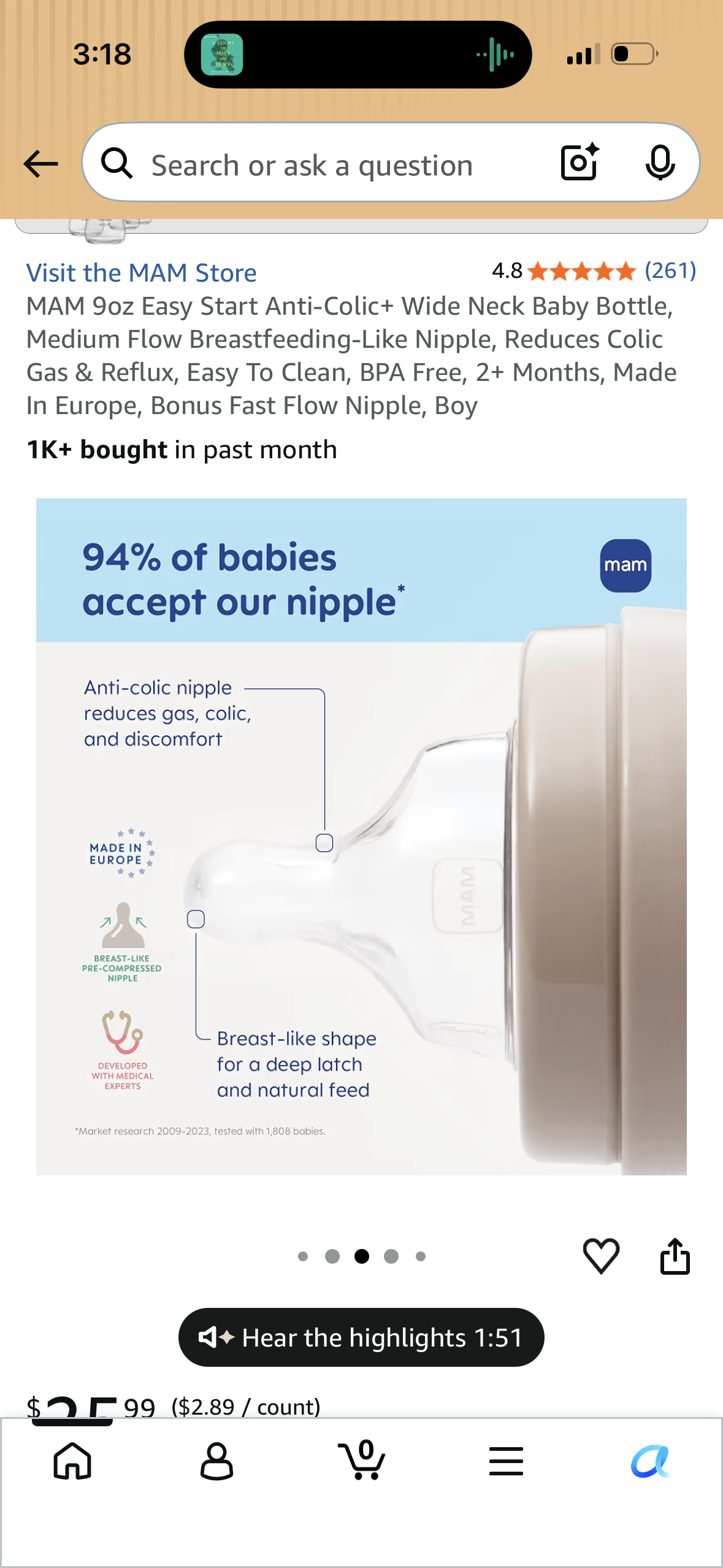 MAM 9oz Easy Start Anti-Colic+ Wide Neck Baby Bottle, Medium Flow Breastfeeding-Like Nipple, Reduces Colic Gas & Reflux, Easy To Clean, BPA Free, 2+ Months, Made In Europe, Bonus Fast Flow Nipple, Boy