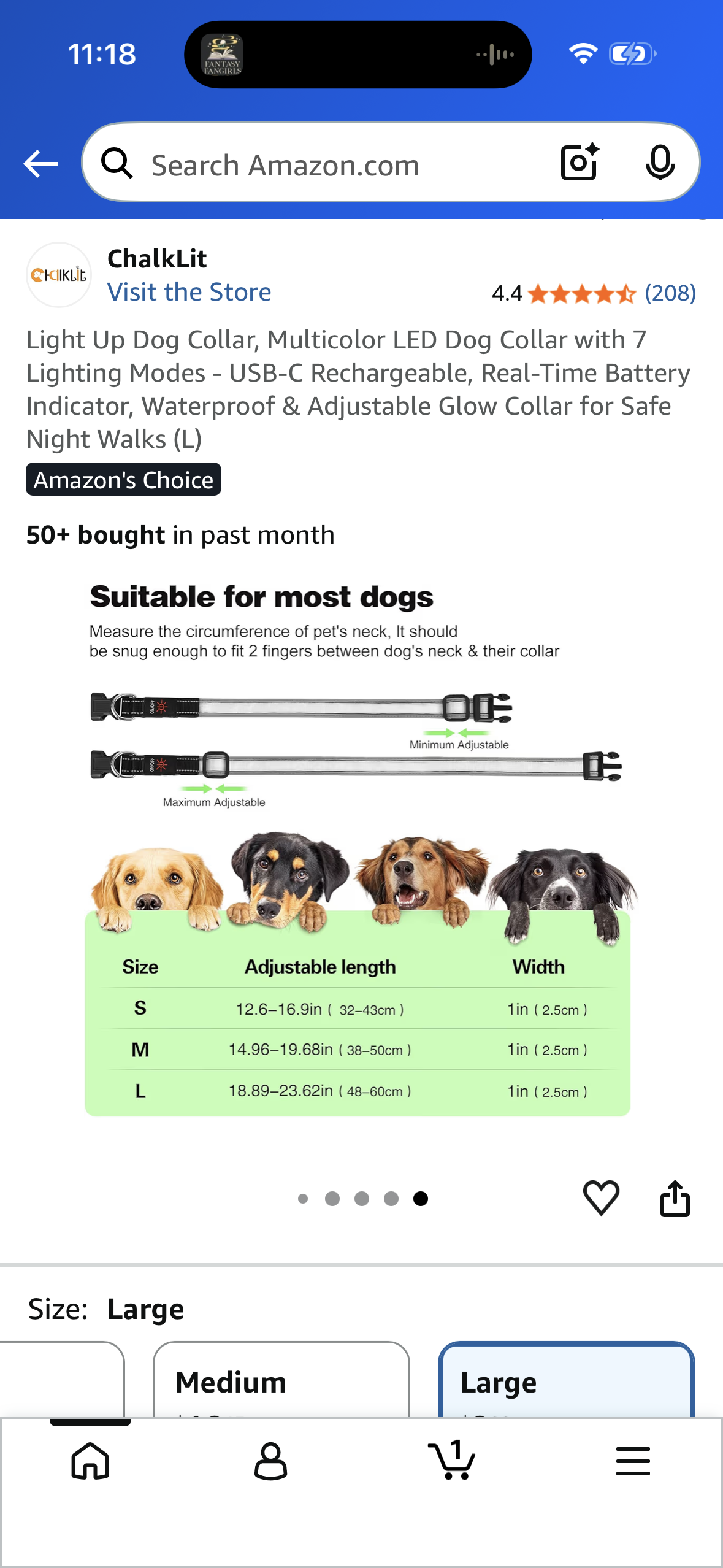 Light Up Dog Collar, Multicolor LED Dog Collar with 7 Lighting Modes - USB-C Rechargeable, Real-Time Battery Indicator, Waterproof & Adjustable Glow Collar for Safe Night Walks (Size Large)