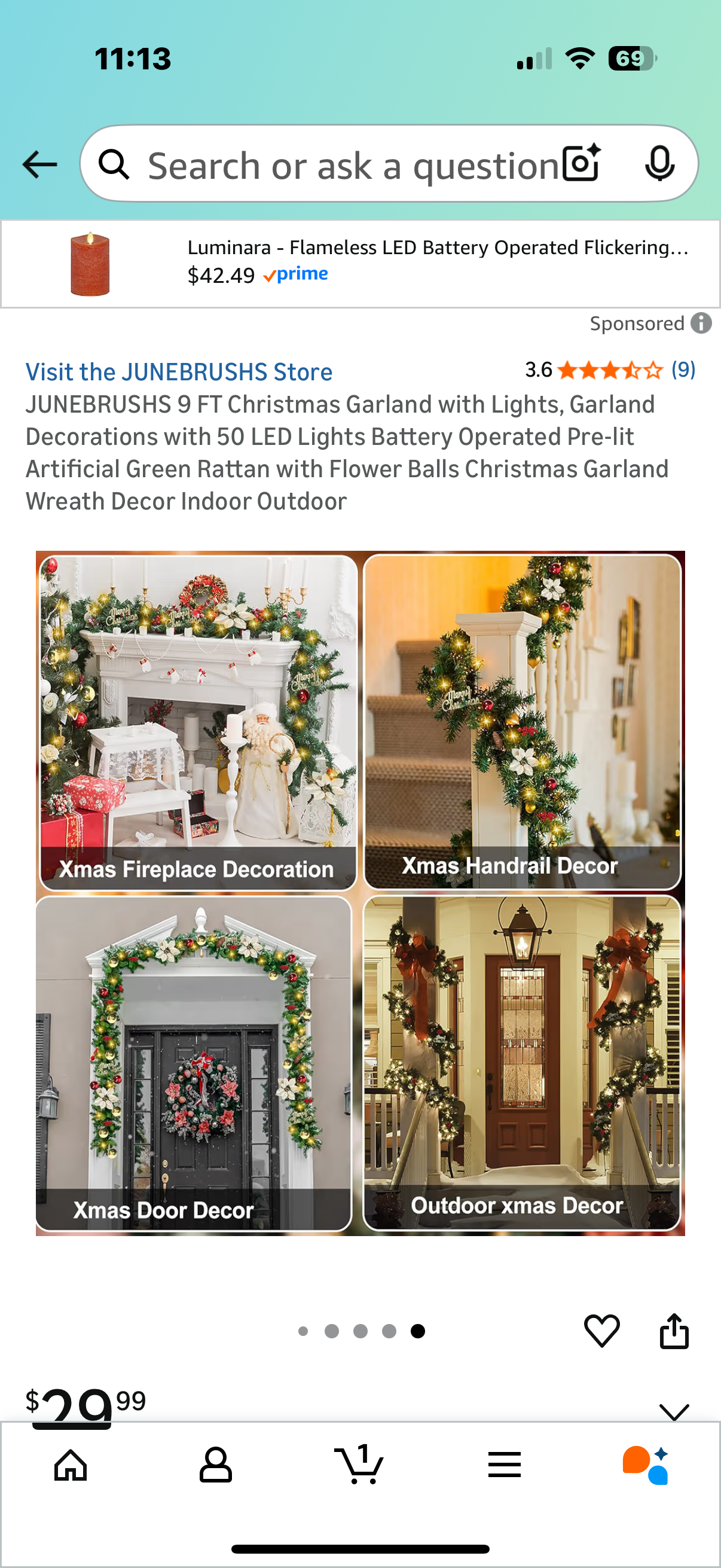 JUNEBRUSHS 9 FT Christmas Garland with Lights, Garland Decorations with 50 LED Lights Battery Operated Pre-lit Artificial Green Rattan with Flower Balls Christmas Garland Wreath Decor Indoor Outdoor