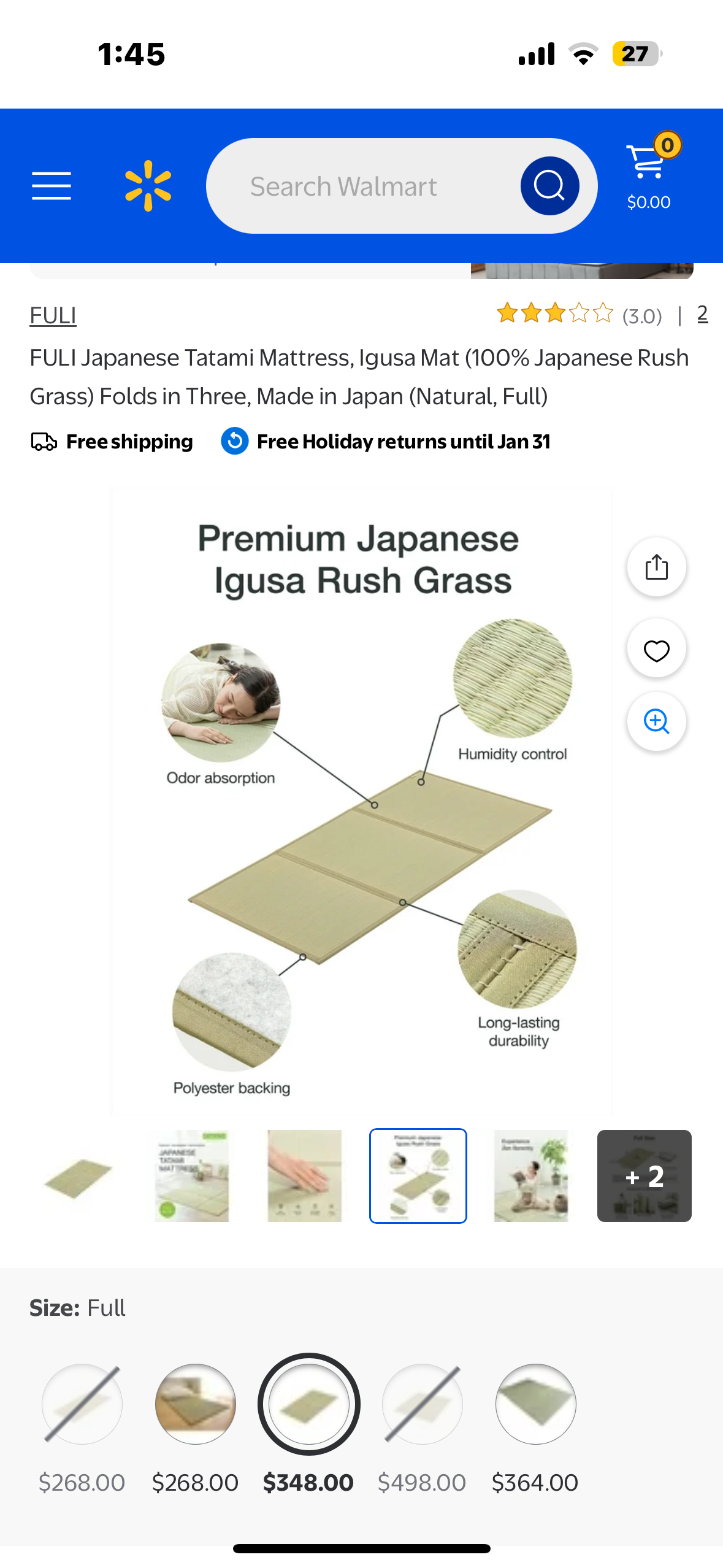 FULI Japanese Tatami Mattress, Igusa Mat (100% Japanese Rush Grass) Folds in Three, Made in Japan (Natural, Full) (B1125)