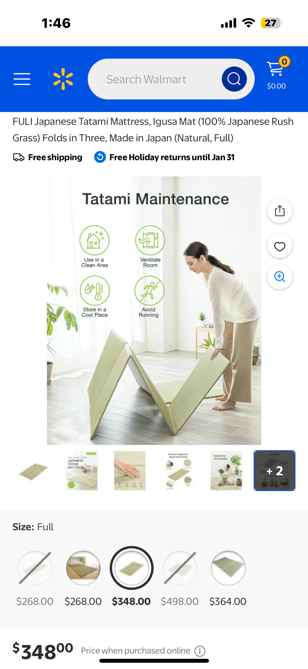 FULI Japanese Tatami Mattress, Igusa Mat (100% Japanese Rush Grass) Folds in Three, Made in Japan (Natural, Full) (B1125)