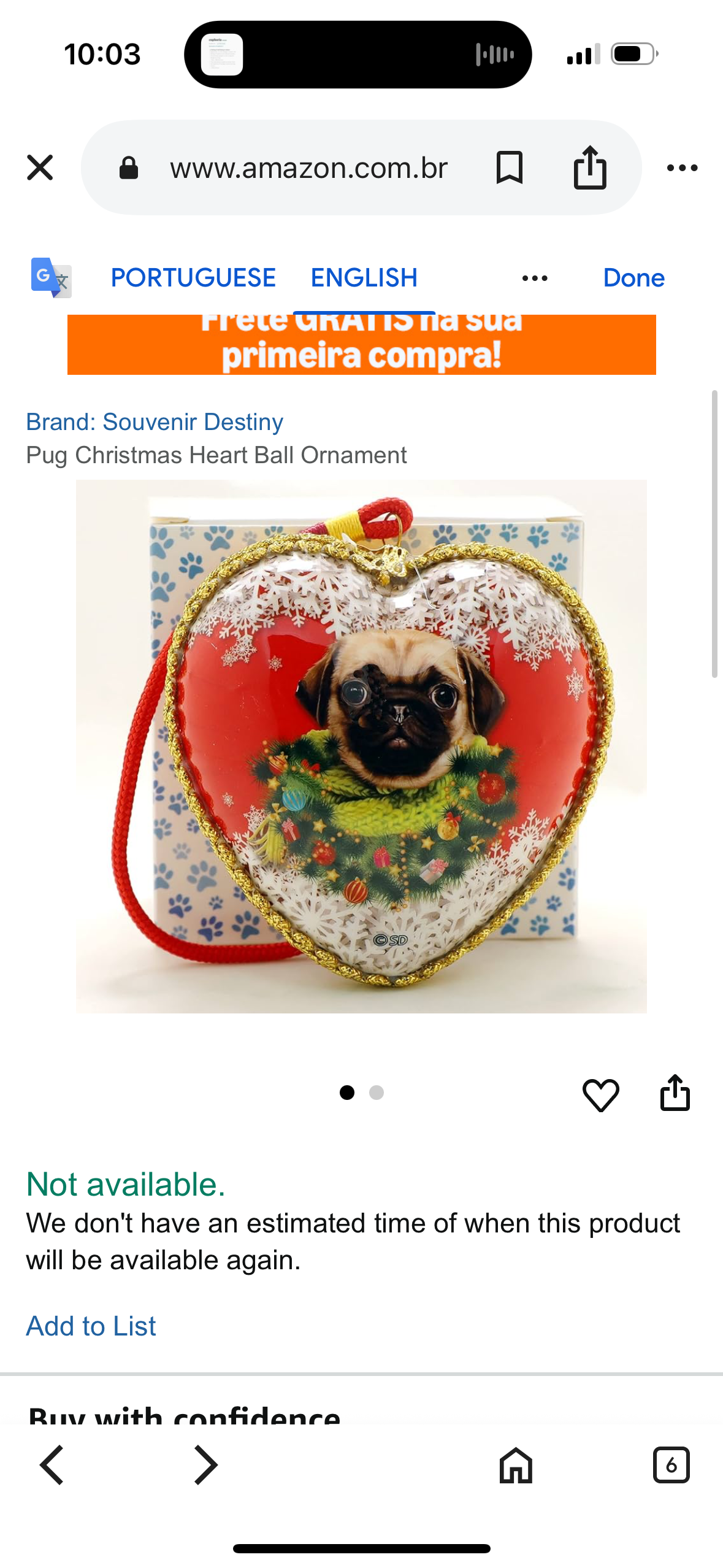 Pug Christmas Heart Ball Ornament