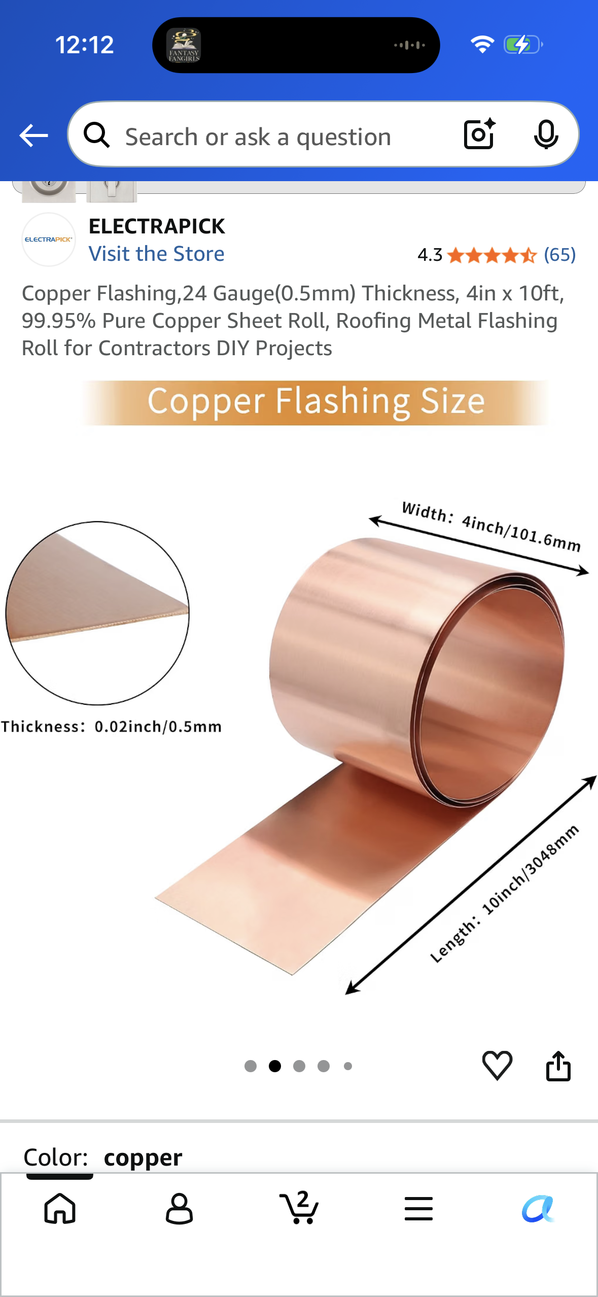 Copper Flashing, 24 Gauge (0.5mm) Thickness, 4in x 10ft, 99.95% Pure Copper Sheet Roll, Roofing Metal Flashing Roll for Contractors DIY Projects