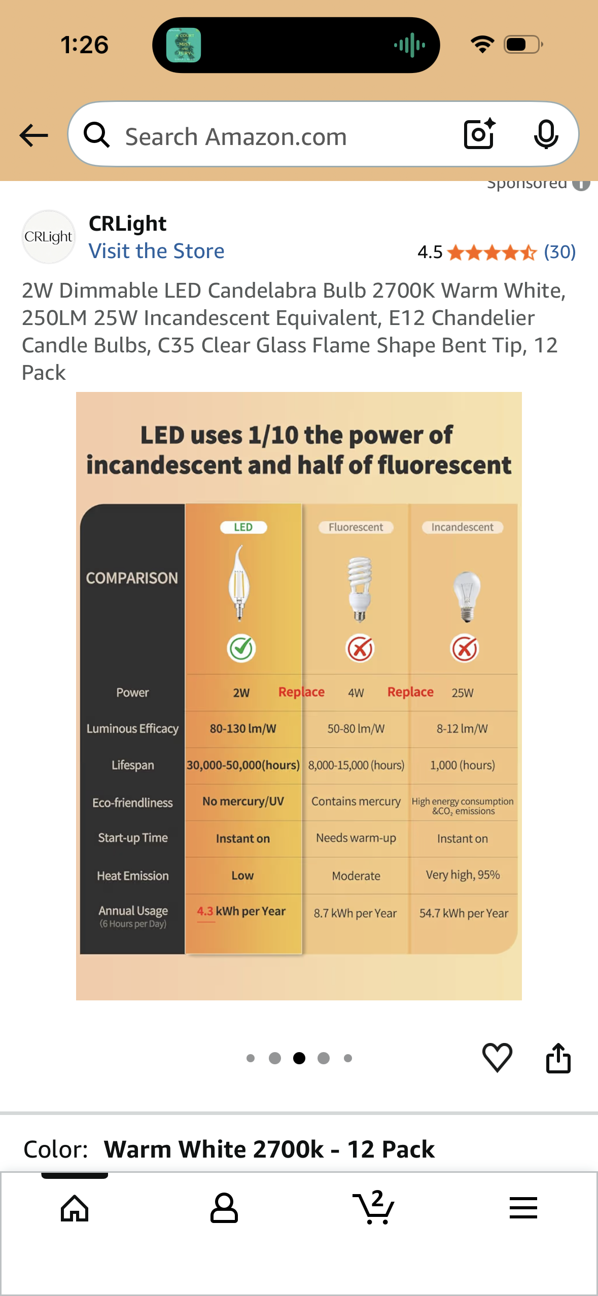 2W Dimmable LED Candelabra Bulb 2700K Warm White, 250LM 25W Incandescent Equivalent, E12 Chandelier Candle Bulbs, C35 Clear Glass Flame Shape Bent Tip, 12 Pack