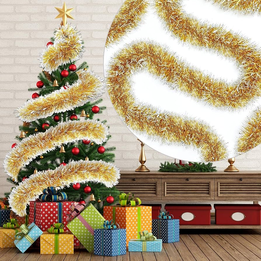 Liliful 100 ft Christmas Tinsel Garland with Plug in 300 LED Lights Metallic Garland Hanging Foil Christmas Garland with Multi Colored Lights for Xmas Tree Wedding Party Supplies, Gold