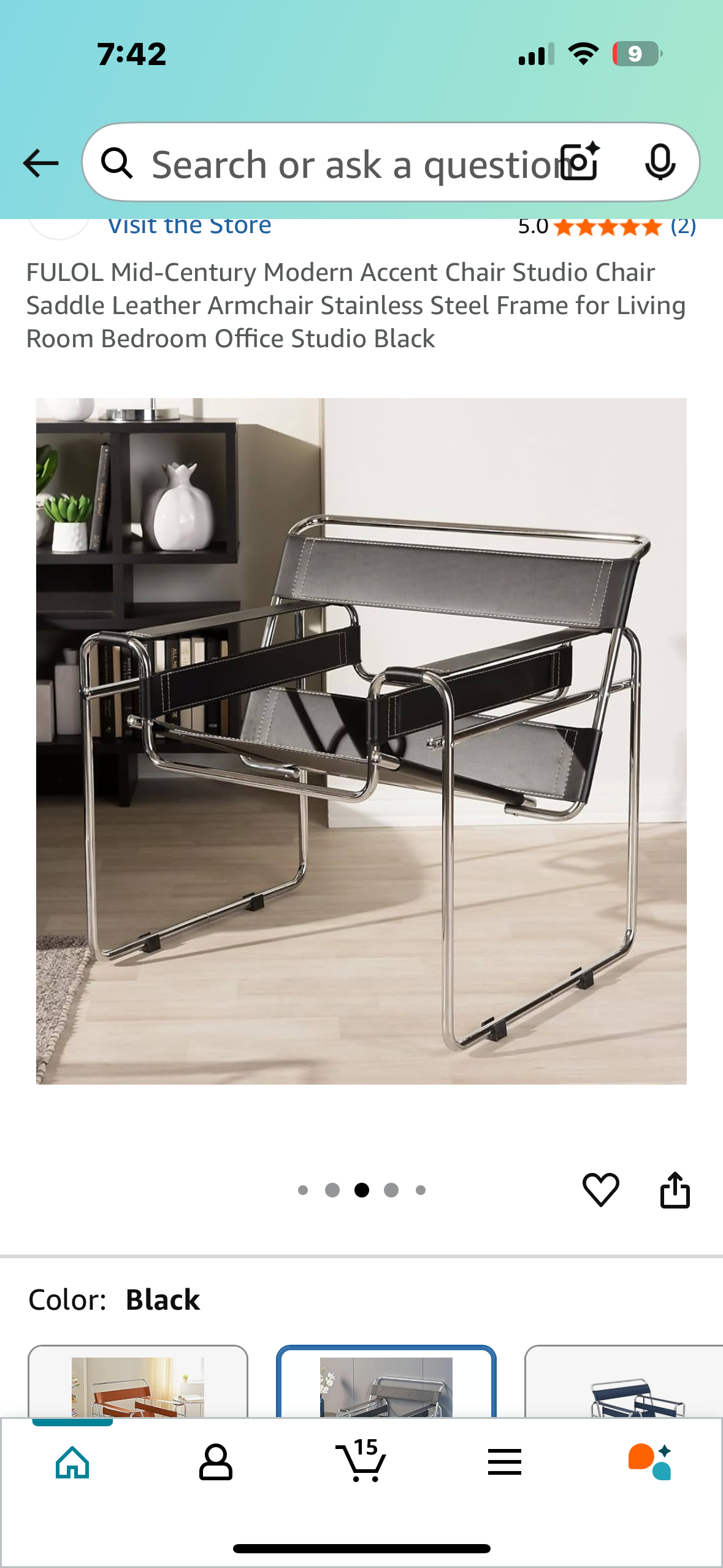 Mid-Century Modern Accent Chair, Saddle Leather Armchair, Stainless Steel Frame, Black (O425)