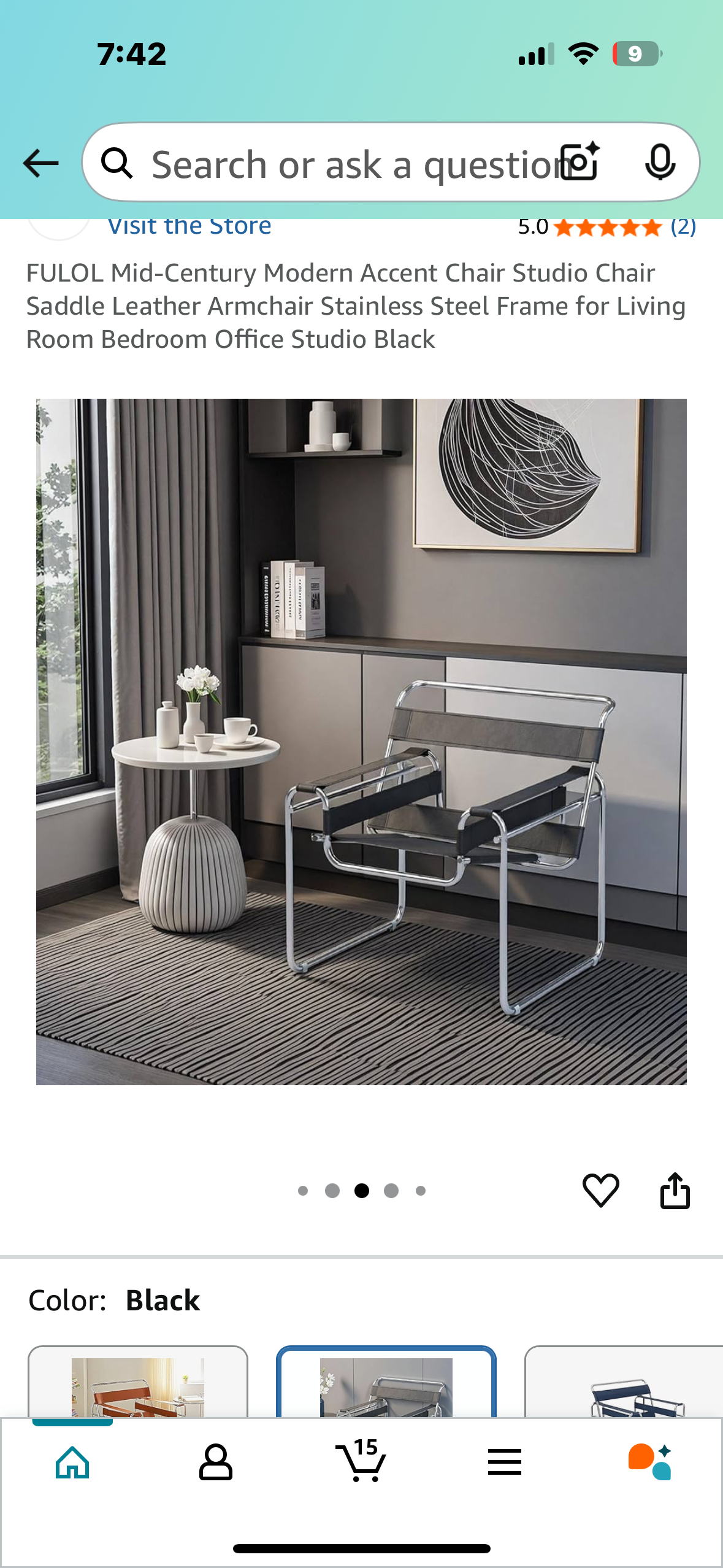 Mid-Century Modern Accent Chair, Saddle Leather Armchair, Stainless Steel Frame, Black (O425)