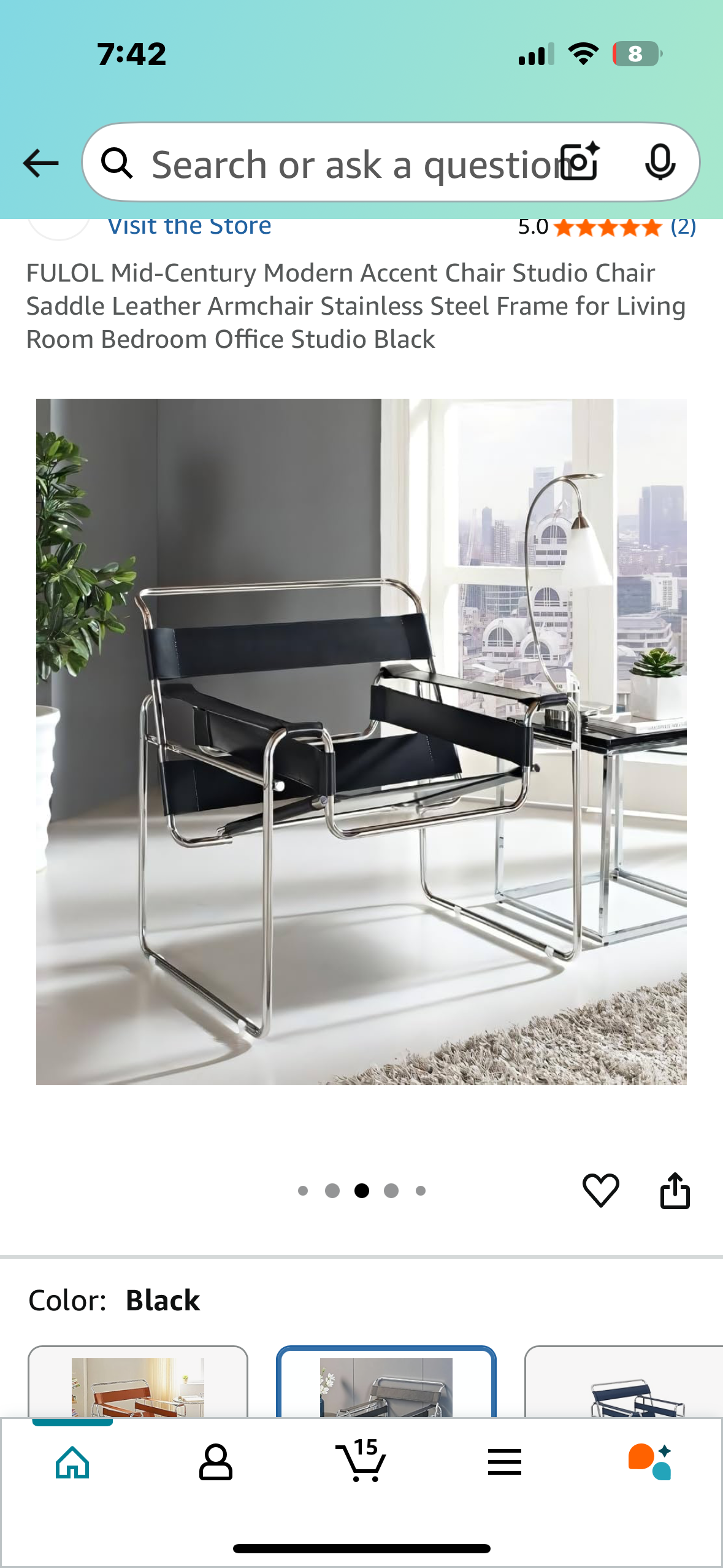 Mid-Century Modern Accent Chair, Saddle Leather Armchair, Stainless Steel Frame, Black (O425)
