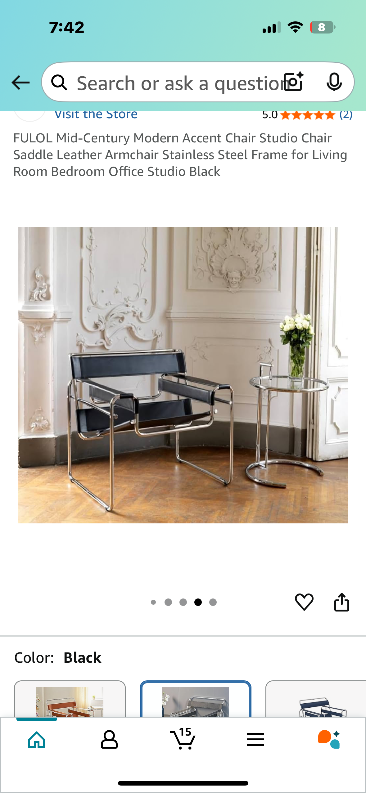 Mid-Century Modern Accent Chair, Saddle Leather Armchair, Stainless Steel Frame, Black (O425)