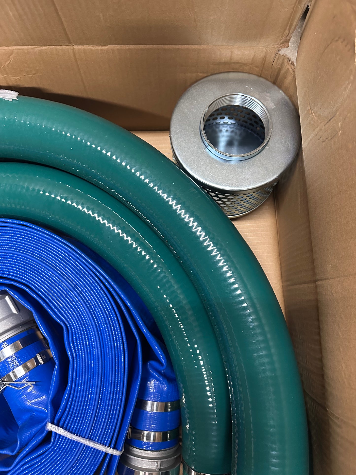 3 Inch Suction Hose Pump kit, Includes 3" x 65' Blue PVC Backwash Hose, 3" x 20' Green PVC Suction Hose, Steel Round Hole Suction Strainer, Cam and Groove Adapter (G881)