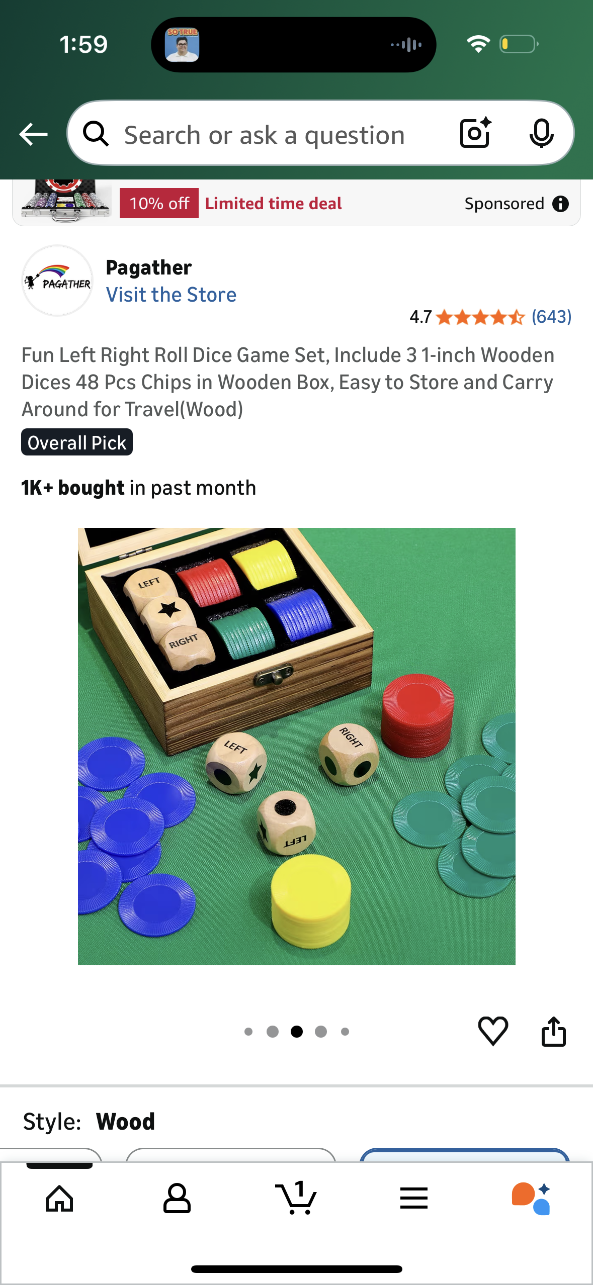 Fun Left Right Roll Dice Game Set, Include 3 1-inch Wooden Dices 48 Pcs Chips in Wooden Box, Easy to Store and Carry Around for Travel(Wood)