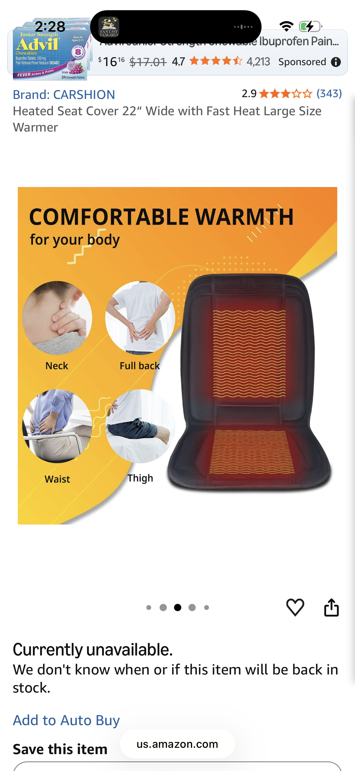 CARSHION Heated Seat Cover 22“ Wide with Fast Heat Large Size Warmer