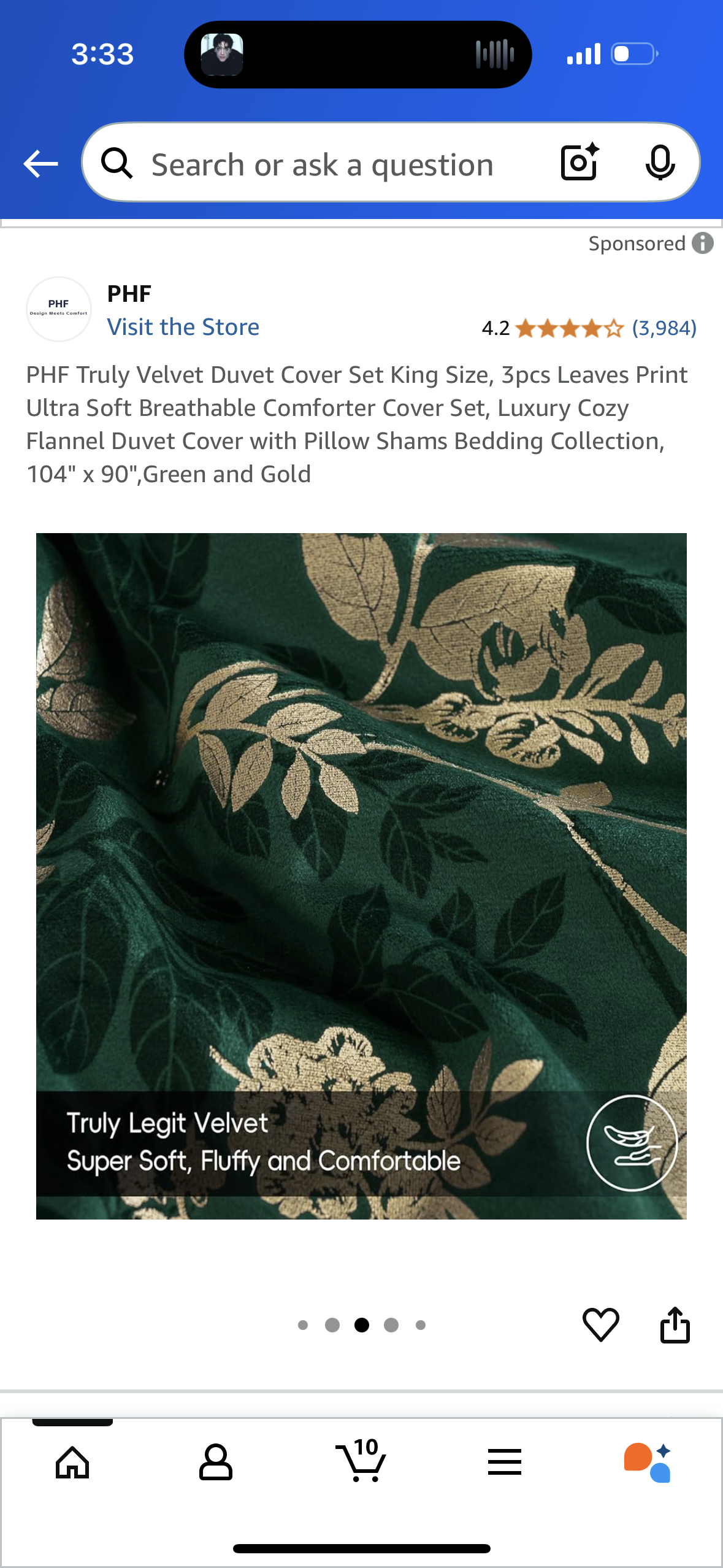PHF Truly Velvet Duvet Cover Set King Size, 3pcs Leaves Print Ultra Soft Breathable Comforter Cover Set, Luxury Cozy Flannel Duvet Cover with Pillow Shams Bedding Collection, 104" x 90",Green and Gold