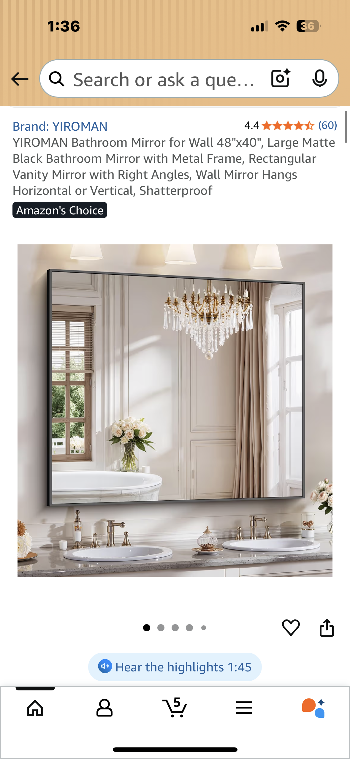 YIROMAN Wall Mirror 48"x40", Large Matte Black Mirror with Metal Frame, Rectangular Vanity Mirror with Right Angles, Wall Mirror Hangs Horizontal or Vertical, Shatterproof (M400)