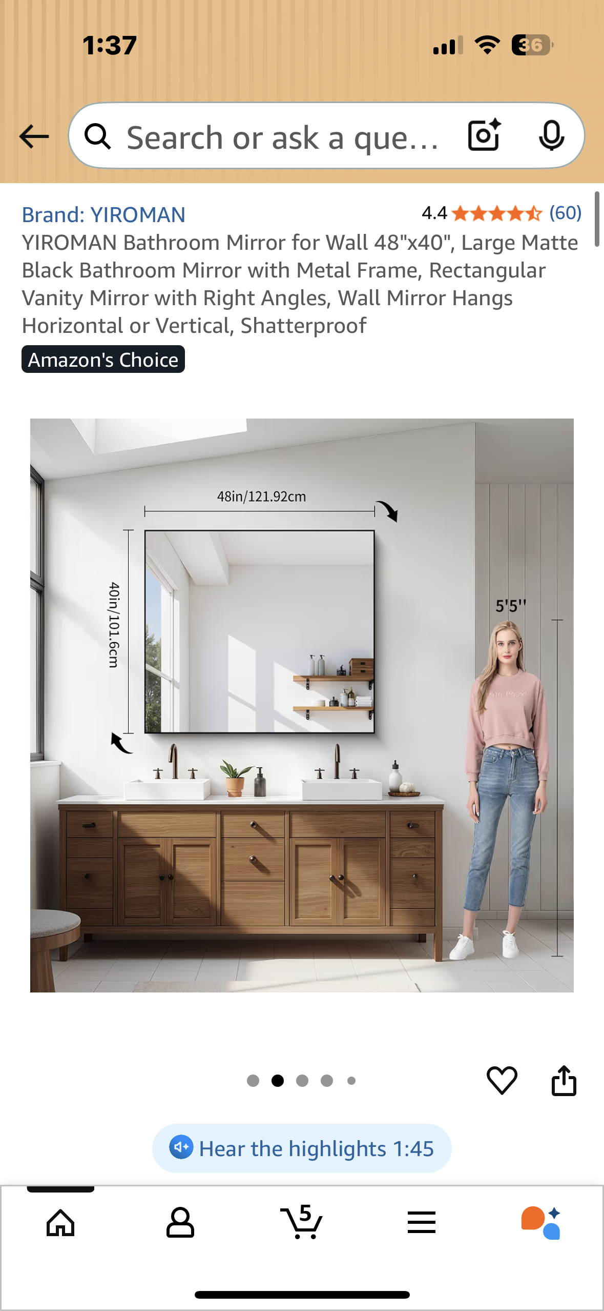 YIROMAN Wall Mirror 48"x40", Large Matte Black Mirror with Metal Frame, Rectangular Vanity Mirror with Right Angles, Wall Mirror Hangs Horizontal or Vertical, Shatterproof (M400)