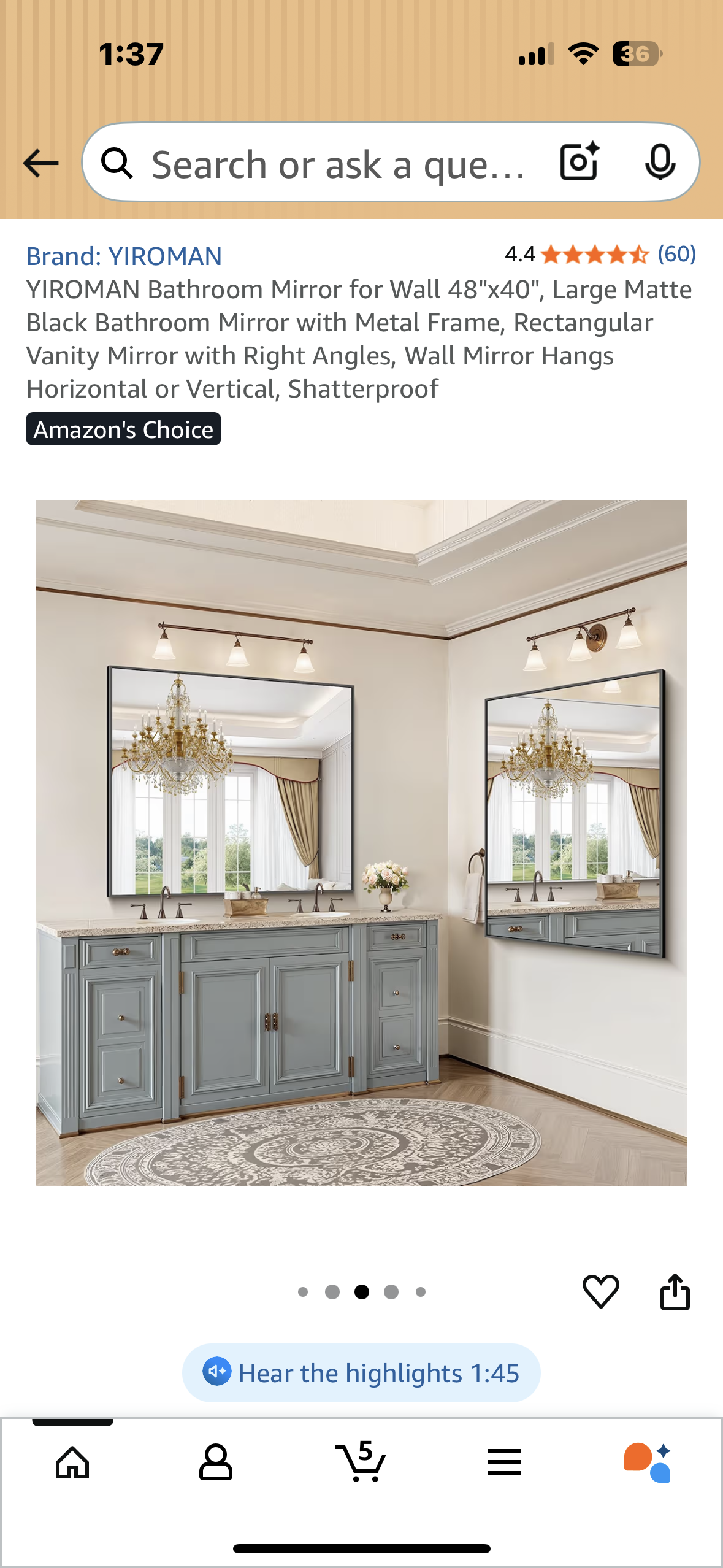 YIROMAN Wall Mirror 48"x40", Large Matte Black Mirror with Metal Frame, Rectangular Vanity Mirror with Right Angles, Wall Mirror Hangs Horizontal or Vertical, Shatterproof (M400)